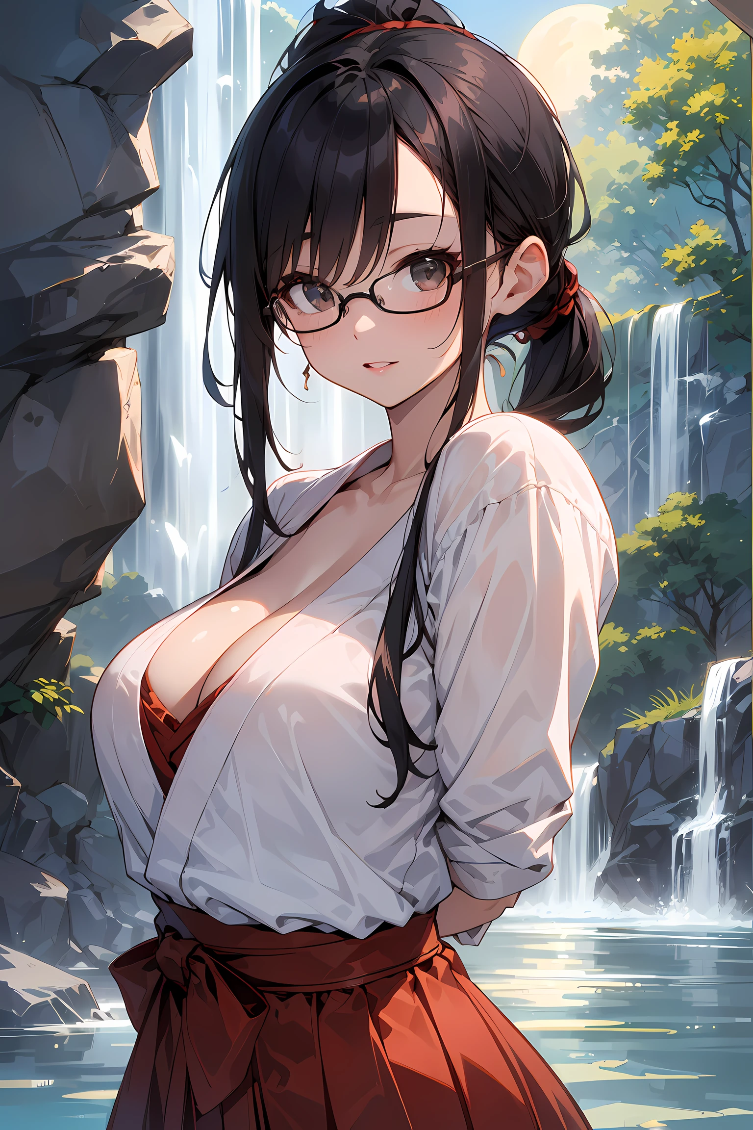 (Go inside the waterfall:1.3), high resolution, Photo of a beautiful woman detailed_face, young handsome girl,realistic:0.5, perfect skin, (wearing a glasses:1.5), from behind:1.5, (ultra-detailed background, detailed background), bokeh, make happy expressions, happy emotion, gorgeous,pure, beautyfull detailed face and eyes,breasts, (black eyes:1.1), (a extremely pretty and beautiful Japanese woman), (sexy girl), (professional attire:1.3), (22 years old: 1.1), BREAK, (lovely outfit:1.2), (detailed miko outfit:1.2), (white dogi:1.2), (red hakama:1.2))), cleavage, beautiful detailed skin, (cute:1.2), (black hair), ((jpop idol)), (upper thigh:0.6), (depth of field),soft light, Lens Glow looking at viewer, (Drooping eyes:1.2), straight teeth,smile, floating hair, (black hair:1.2), brown eyes BREAK movie scene, cinematic, full colors, 4k, 8k, 16k, RAW photo, masterpiece, professionally color graded, professional photography, high school girl, hair up, , soft clean focus, realistic lighting and shading, (an extremely delicate and beautiful art)1.3, elegant,active angle,dynamism pose BREAK (ponytail:1.3), (shiny-black thin hair:1.2), bangs, dark brown eyes, beautiful eyes, princess eyes, (big eyes:1.3), bangs, wearing a glasses:1.3, Hair between eyes, short hair:1.3, (slender:1.1), (medium-breasts:0.95), (thin waist: 1.15), (detailed beautiful girl: 1.4), Parted lips, Red lips, full-make-up face, (shiny skin), ((Perfect Female Body)), (upper body image:1.3), Perfect Anatomy, Perfect Proportions, (most beautiful Korean actress face:1.3, extremely cute and beautiful Japanese actress face:1.3), ,(1glasses girl:1.3, solo), ,(blush:1.1), gray background, solo focus, (bust shot:1.2), cinematic light, (nostalgic night scene:1.4), (waterfall:1.4), (moon light:1.3), (arms down:1.4), (looking at viewer:1.2), (in water:1.3), (under waterfall:1.3),