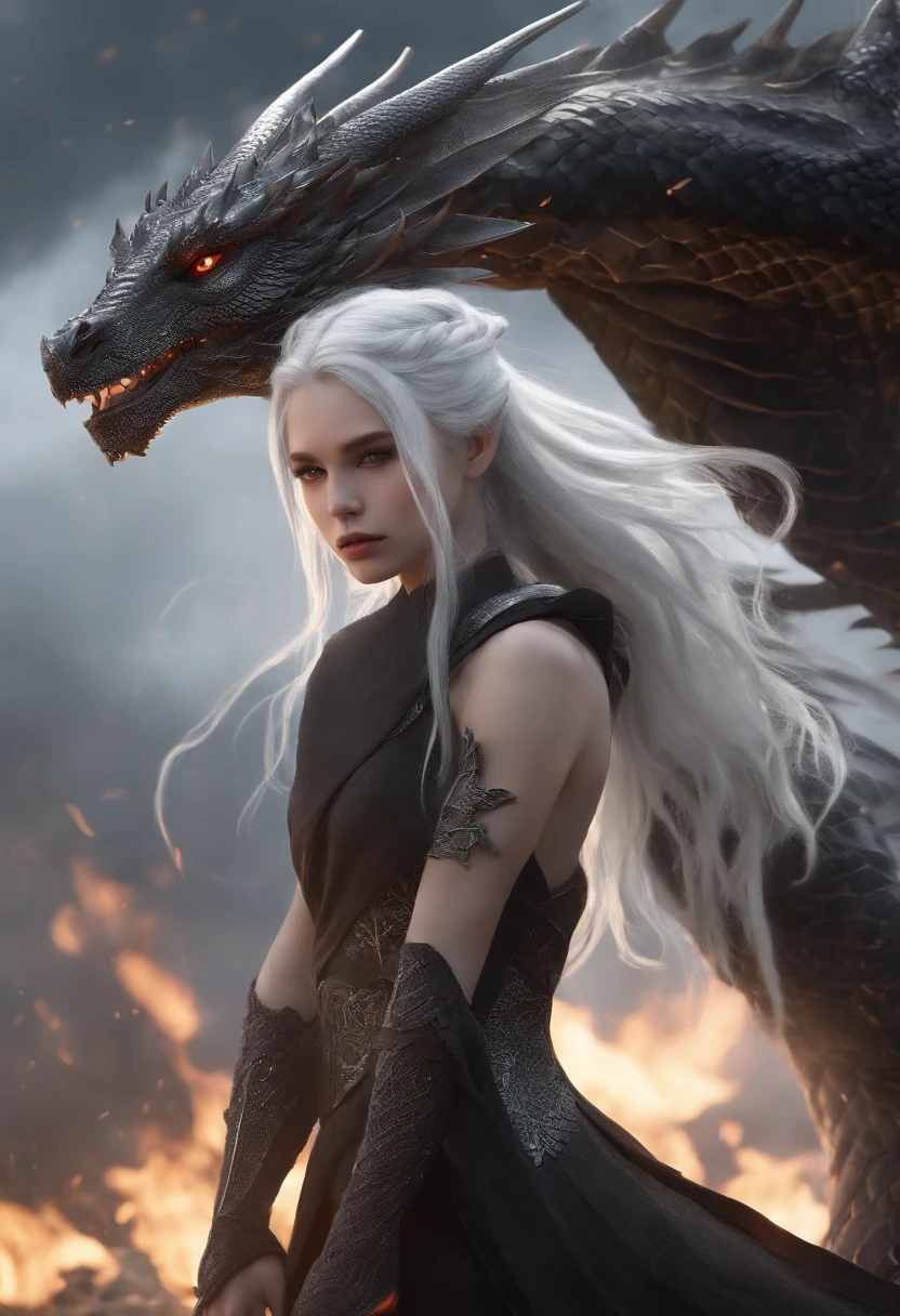 Young Dragon Girl, Tall stature, Toned physique, in full height. Long white hair braided, asymmetrical bangs. gray eyes. Black clothes with scaly patterns. Silver Horns on the head, Long Silver Dragon Tail. Silvery scales on the face. A silver fire burns around