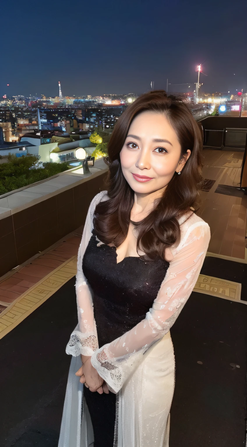 ((midynight, Need, 8K, tmasterpiece:1.3)), full bodyesbian, Long legs, Focalors:1.2, perfect figure beautiful woman:1.4, ((Dark brown hair)), ( [see-through:evening dress:0.3], standing on your feet:1.2), ((city night scene, the roof:1.3)), Highly detailed facial and skin texture, A detailed eye, 二重まぶた，Beauty,Wavy hair, Wrinkles at the corners of the eyes, to emphasize, ，Bigchest，aged 40, Wrinkled eyes,