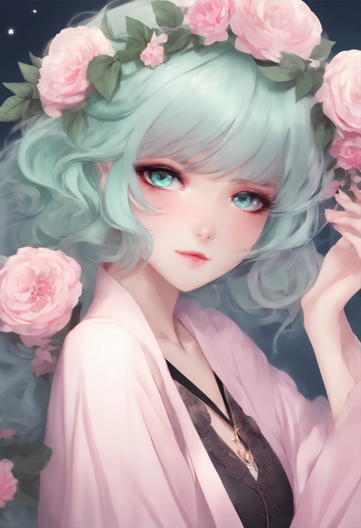 animesque、full body Esbian、Mint-colored hair、Pink eyes