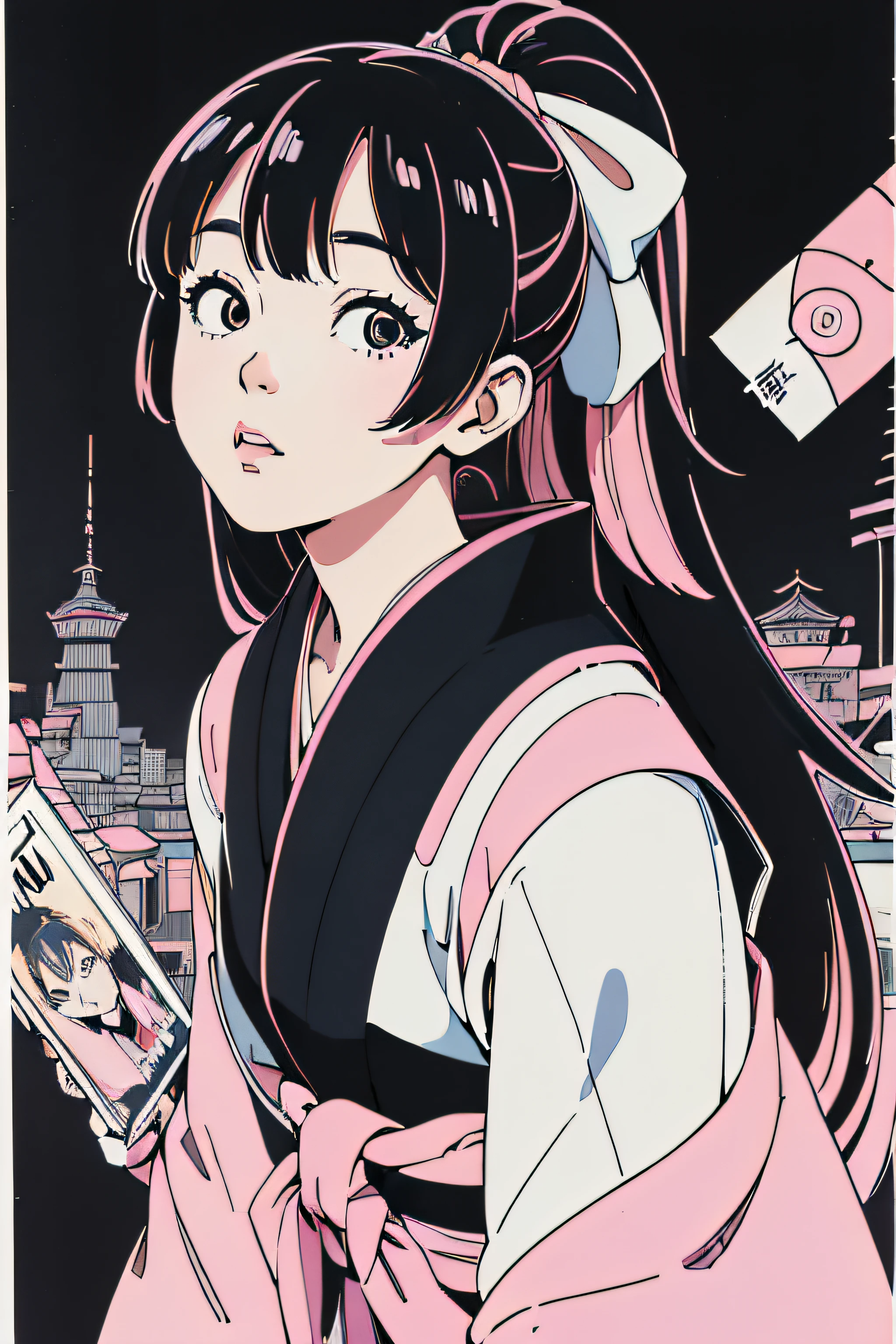 jpn_hi-school girl、Kimono,ink art、((top-quality、8K、masterpiece:1.3))、(Clear focus:1.2)、(comic book style),(Pop),(linear art_Anime)、(PastelColors:1.2),((monotone_High Contrast Art:1.2))、flat chest、(the complex background:1.2),(Lola:add more details:1.2)、sharp outline、sharp lineart、Old Japan cityscape background