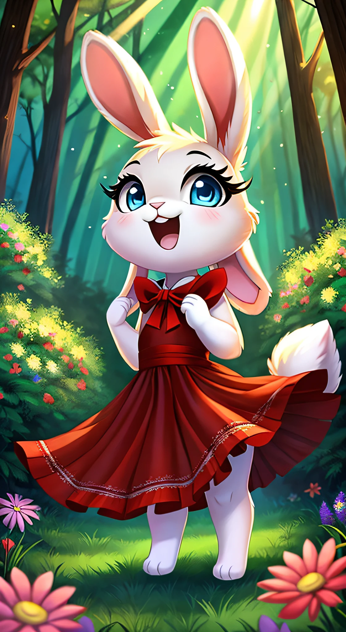 zoomed out image, fantasy style art, cute, adorable, short character, small, tiny little fluffy female white bunny with blue eyes, 4 ears, 2 extra ears, big floppy ears, long ears, ears perked up, raised ears, long eyelashes, poofy rabbit tail, wearing a red frilly ribbon dress, smiling, singing in a forest, expressive pose, loud vocals, open mouth, shut eyes, stunning visuals, sunlight coming through the trees, flowers scattered in the bushes, digital illustration