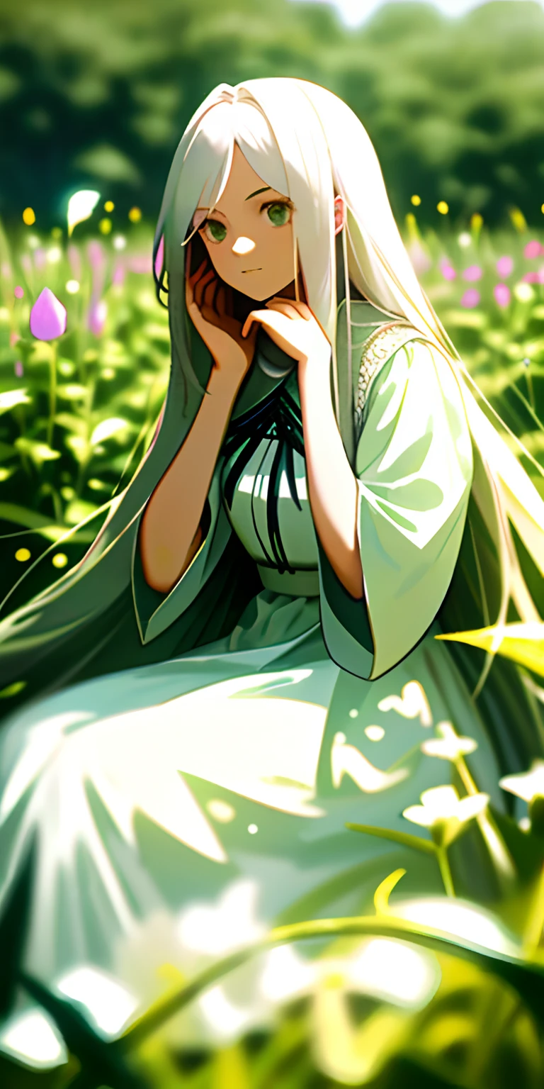(masterpiece, best quality),1girl with long white hair sitting in a field of green plants and flowers, her hand under her chin, warm lighting, white dress, blurry foreground