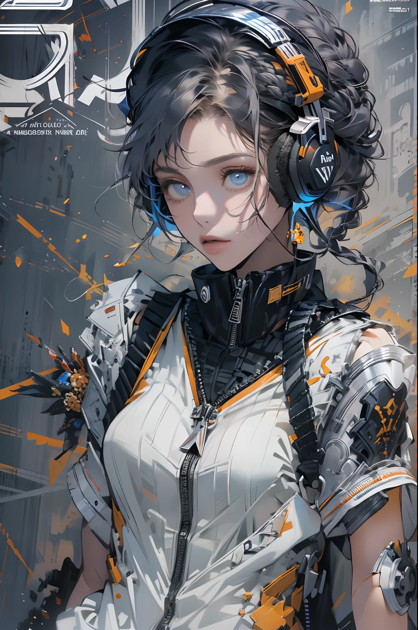 (magazine cover:1.3),ulzzang-6500, (realistic: 1.3) (original: 1.2), masterpiece, best quality, beautiful clean face, fullbody, 1woman, (wearing black and white and cobalt scifi techmask and headphones with complex electronics), wearing black techwear jacket and orange trousers with buckle and tape, (crystal necklace), posing for a picture, (white braided bun hair),