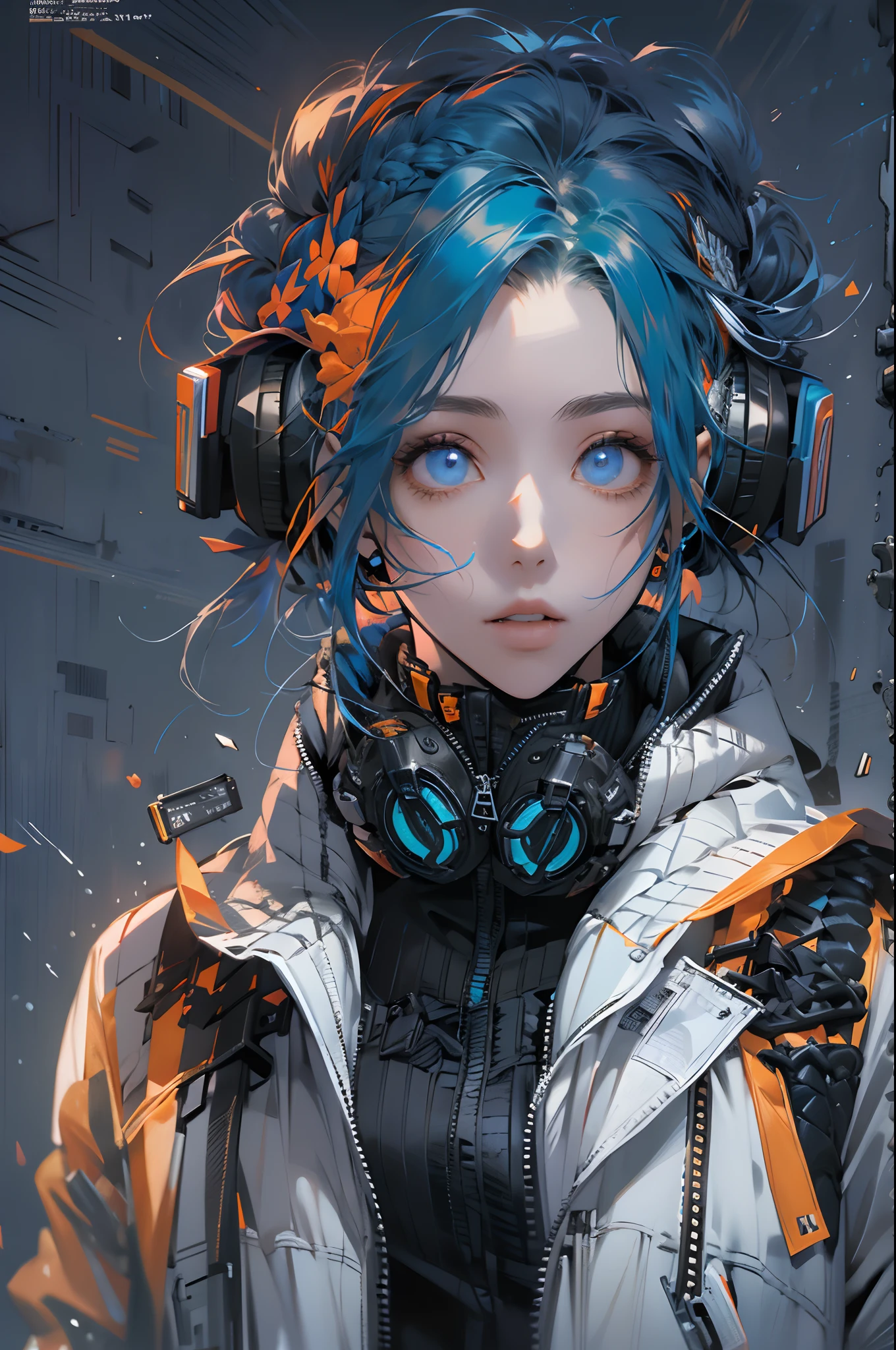(magazine cover:1.3),ulzzang-6500, (realistic: 1.3) (original: 1.2), masterpiece, best quality, beautiful clean face, fullbody, 1woman, (wearing black and white and cobalt scifi techmask and headphones with complex electronics), wearing black techwear jacket and orange trousers with buckle and tape, (crystal necklace), posing for a picture, (white braided bun hair),