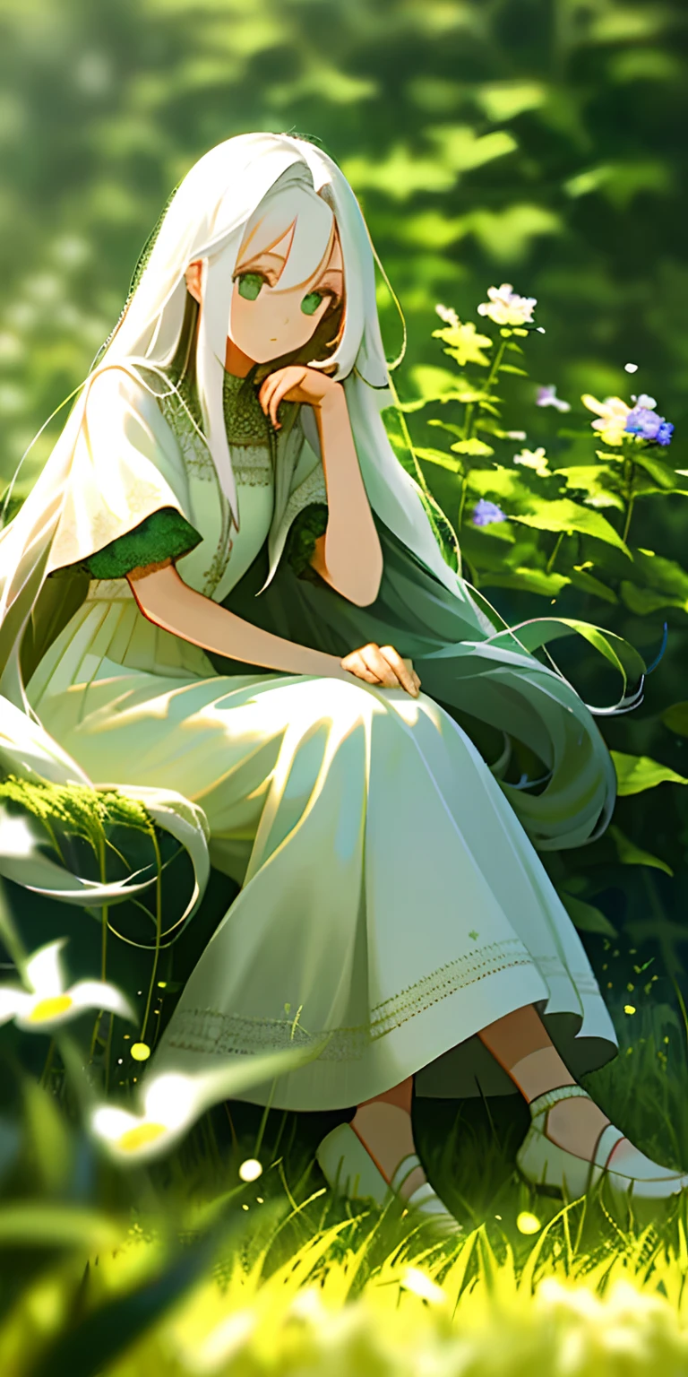 (masterpiece, best quality),1girl with long white hair sitting in a field of green plants and flowers, her hand under her chin, warm lighting, white dress, blurry foreground