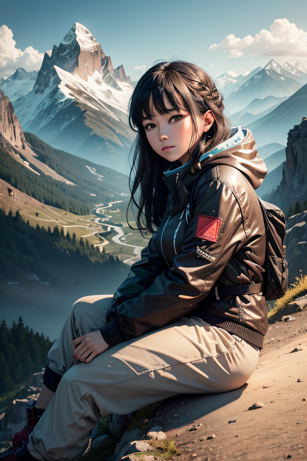 there is a woman sitting on the ground , in mountains, in the mountains, with mountains in the background, amidst nature, with mountains as background, on a road, with mountains in background, sitting cutely on a mountain, hills in the background, mountains in the background, standing in front of a mountain, in front of a forest background, cyberpunk , 8k 3d...