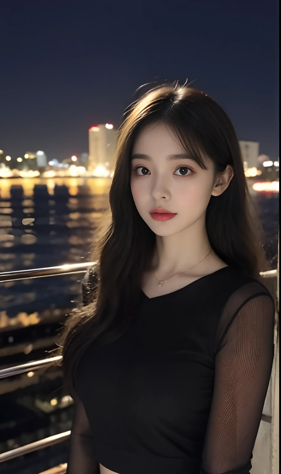 (Original photo of 8K,best qualtiy,tmasterpiece:1.2),(Medium view),the night,Night on a yacht,Sea and night view in the background,best qualtiy,tmasterpiece,(Small mouth:1.2),short- sleeved,short- sleeved,short- sleeved,short- sleeved,an extremely delicate and beautiful one,,astounding,finely detailled,tmasterpiece,Best quality at best,(age 22:1.2),Narrow waist,Slim,is shy,Pure,adolable,Bushy hair,Soft hair,big breasts beautiful,A detailed eye,(long whitr hair:1.2)