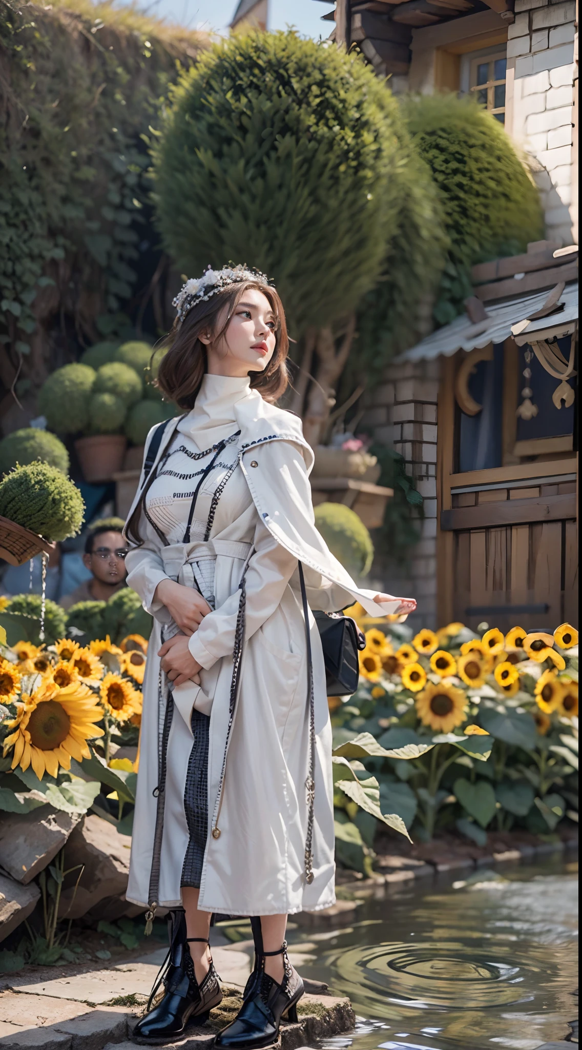 In a very grand scene,The extra-large wide-angle lens captures the appearance of a female centaur。She is a Sunflower Worship nun,Always opposed(Healing emoji smiley face of knitted sunflower puppet😊:99.99)DOA。She is tall,It has the ultimate curvy beauty,The muscles are slender and firm,Beautiful lines。She has(Super huge sky blue eyes:99.99)、always(Wearing sexy glasses:6.66)、(She wears solemn nun attire:9.9)、Stepping on a boot-style skyscraper-heel、A pink cross hangs on his chest。Use Midjourney's advanced tools,Designed for female centaurs(A knitted sunflower puppet and create a super healing cartoon smiley face in the center of the flower tray as a decoration:9.9),and noble and solemn nun costumes,and highlight her unique physiological characteristics and appearance details,Add realism。And in the context of her prayers and listening to confessions,Spectacular views of nature,Such as the sky where storms and sunny days alternate、Brilliant rivers of stars and auroras、The snow-capped summit of Mount Everest、Fireworks in the mountain town, etc。ao mesmo tempo,Away from the hustle and bustle next to the chapel,Create a fantastic scene。Use Midjourney's advanced tools and multiple color palettes、Brush Strokes、Texture tools and model packages,It shows a sense of atmosphere where beauty and charm coexist。The charm of the female centaur is highlighted through color and lines,Enhance realism with detailing,Create a surreal dreamy feeling。Additionally,Use Midjourney's tools to add various exorcism props and books to the female centaur、pergaminhos,Create intricate hairstyles and outfits,Give her a sense of premium。She never flinches,No matter what monster you encounter,can respond quickly,Even the most extreme armies of natural disasters and monsters could not stop her and her front(Sunflower with Tyndall effect that emits sunlight9.99)。Use Midjourney's powerful tools,You can do it with incredible detail and beauty,Bring this ultra-grand and beautiful scene to life。Ultra-grand sc