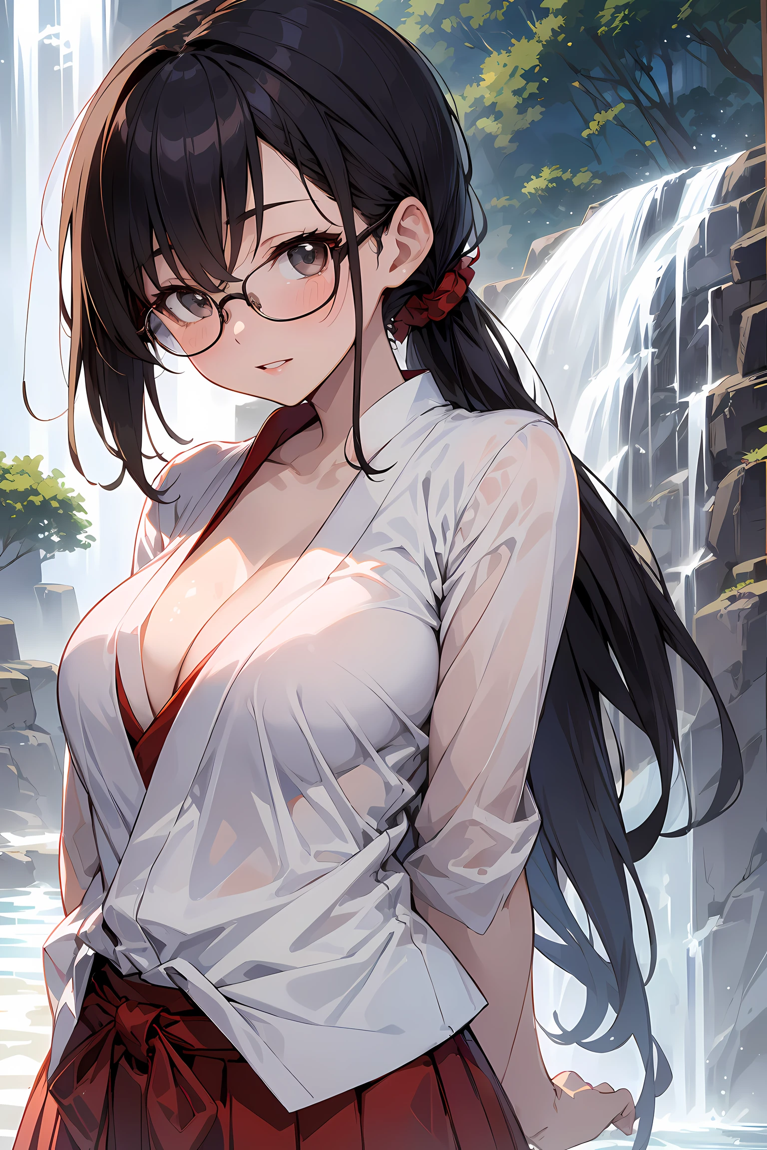 (Go inside the waterfall:1.3), high resolution, Photo of a beautiful woman detailed_face, young handsome girl,realistic:0.5, perfect skin, (wearing a glasses:1.5), from behind:1.5, (ultra-detailed background, detailed background), bokeh, make happy expressions, happy emotion, gorgeous,pure, beautyfull detailed face and eyes,breasts, (black eyes:1.1), (a extremely pretty and beautiful Japanese woman), (sexy girl), (professional attire:1.3), (22 years old: 1.1), BREAK, (lovely outfit:1.2), (detailed miko outfit:1.2), (white dogi:1.2), (red hakama:1.2))), cleavage, beautiful detailed skin, (cute:1.2), (black hair), ((jpop idol)), (upper thigh:0.6), (depth of field),soft light, Lens Glow looking at viewer, (Drooping eyes:1.2), straight teeth,smile, floating hair, (black hair:1.2), brown eyes BREAK movie scene, cinematic, full colors, 4k, 8k, 16k, RAW photo, masterpiece, professionally color graded, professional photography, high school girl, hair up, , soft clean focus, realistic lighting and shading, (an extremely delicate and beautiful art)1.3, elegant,active angle,dynamism pose BREAK (ponytail:1.3), (shiny-black thin hair:1.2), bangs, dark brown eyes, beautiful eyes, princess eyes, (big eyes:1.3), bangs, wearing a glasses:1.3, Hair between eyes, short hair:1.3, (slender:1.1), (medium-breasts:0.95), (thin waist: 1.15), (detailed beautiful girl: 1.4), Parted lips, Red lips, full-make-up face, (shiny skin), ((Perfect Female Body)), (upper body image:1.3), Perfect Anatomy, Perfect Proportions, (most beautiful Korean actress face:1.3, extremely cute and beautiful Japanese actress face:1.3), ,(1glasses girl:1.3, solo), ,(blush:1.1), gray background, solo focus, (bust shot:1.2), cinematic light, (nostalgic night scene:1.4), (waterfall:1.4), (moon light:1.3), (arms down:1.4), (looking at viewer:1.2), (in water:1.3), (under waterfall:1.3),