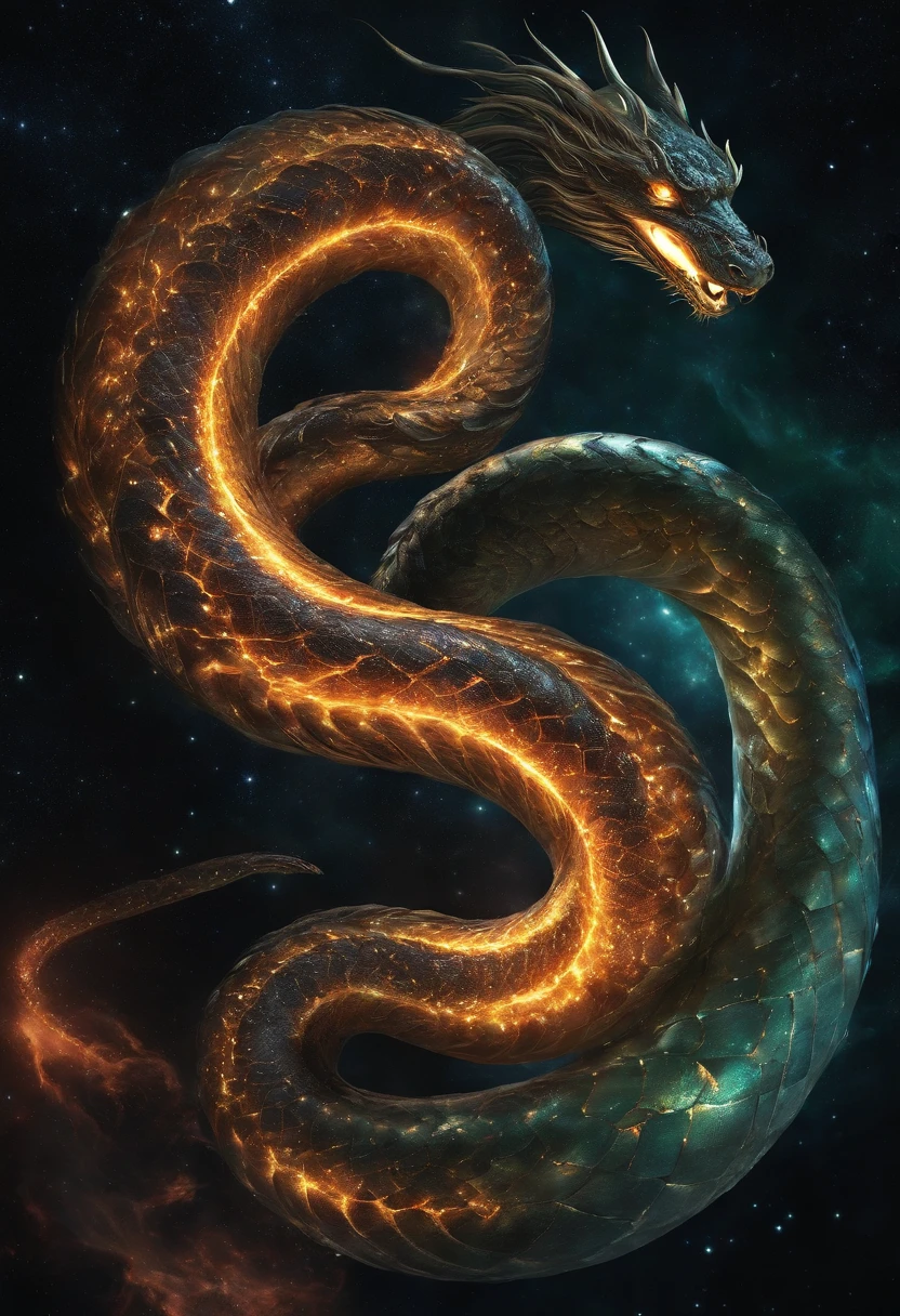 In the dimension where the stars collide, The legendary Orochi serpent appears as the embodiment of the wrath of heaven. Its body is a symphony of sparkling colors, Reflecting the birth of a star. Its eyes are burning with cosmic fire, Eta、Energy tendrils arc around its shape like an ethereal lightning bolt. The presence of the serpent commands both awe and fear, Because it harnesses the power of the universe itself, In the cosmic maelstrom, Galaxy spirals、Where stars explode, The serpent reigns supreme, epicd, cataclysmic, And transcendental, Invoking the Power of Heavenly Powers.Style: Ultra-realistic digital painting with intricate details and dynamic color interactions.performing: Rendered in an ultra-realistic style, Using advanced digital technology、Capture complex interstellar environments and serpent celestial energy