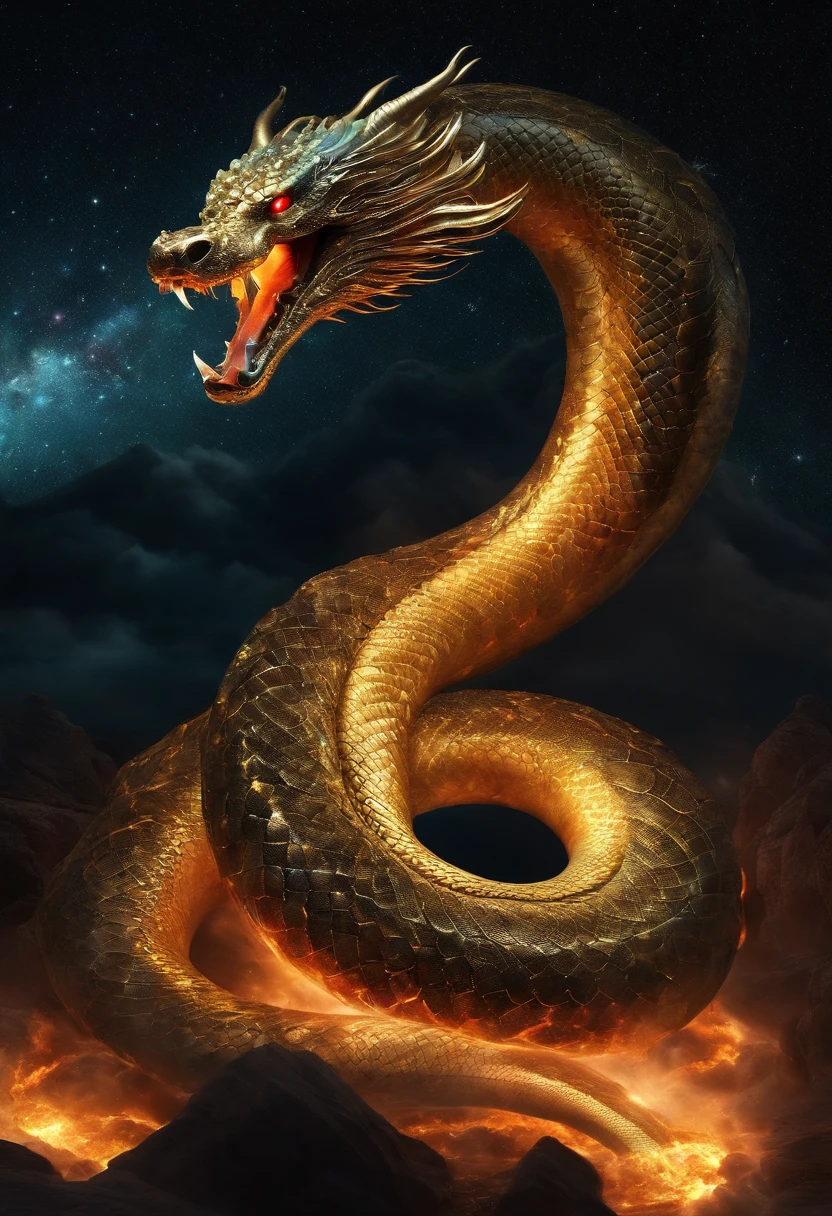 In the dimension where the stars collide, The legendary Orochi serpent appears as the embodiment of the wrath of heaven. Its body is a symphony of sparkling colors, Reflecting the birth of a star. Its eyes are burning with cosmic fire, Eta、Energy tendrils arc around its shape like an ethereal lightning bolt. The presence of the serpent commands both awe and fear, Because it harnesses the power of the universe itself, In the cosmic maelstrom, Galaxy spirals、Where stars explode, The serpent reigns supreme, epicd, cataclysmic, And transcendental, Invoking the Power of Heavenly Powers.Style: Ultra-realistic digital painting with intricate details and dynamic color interactions.performing: Rendered in an ultra-realistic style, Using advanced digital technology、Capture complex interstellar environments and serpent celestial energy