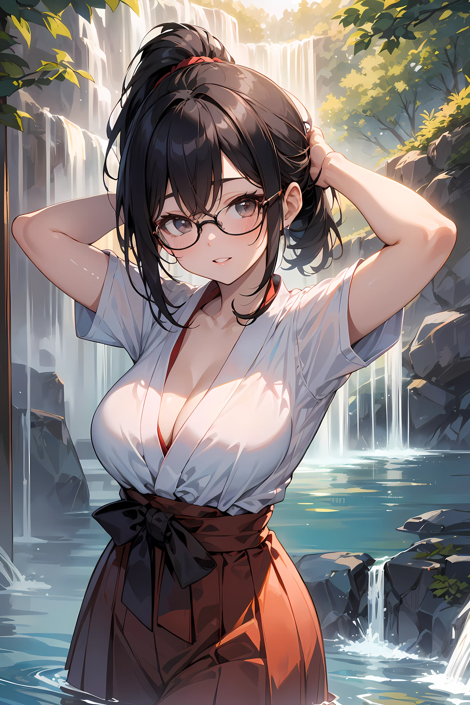 (Go inside the waterfall:1.3), high resolution, Photo of a beautiful woman detailed_face, young handsome girl,realistic:0.5, perfect skin, (wearing a glasses:1.5), from behind:1.5, (ultra-detailed background, detailed background), bokeh, make happy expressions, happy emotion, gorgeous,pure, beautyfull detailed face and eyes,breasts, (black eyes:1.1), (a extremely pretty and beautiful Japanese woman), (sexy girl), (professional attire:1.3), (22 years old: 1.1), BREAK, (lovely outfit:1.2), (detailed miko outfit:1.2), (white dogi:1.2), (red hakama:1.2))), cleavage, beautiful detailed skin, (cute:1.2), (black hair), ((jpop idol)), (upper thigh:0.6), (depth of field),soft light, Lens Glow looking at viewer, (Drooping eyes:1.2), straight teeth,smile, floating hair, (black hair:1.2), brown eyes BREAK movie scene, cinematic, full colors, 4k, 8k, 16k, RAW photo, masterpiece, professionally color graded, professional photography, high school girl, hair up, , soft clean focus, realistic lighting and shading, (an extremely delicate and beautiful art)1.3, elegant,active angle,dynamism pose BREAK (ponytail:1.3), (shiny-black thin hair:1.2), bangs, dark brown eyes, beautiful eyes, princess eyes, (big eyes:1.3), bangs, wearing a glasses:1.3, Hair between eyes, short hair:1.3, (slender:1.1), (medium-breasts:0.95), (thin waist: 1.15), (detailed beautiful girl: 1.4), Parted lips, Red lips, full-make-up face, (shiny skin), ((Perfect Female Body)), (upper body image:1.3), Perfect Anatomy, Perfect Proportions, (most beautiful Korean actress face:1.3, extremely cute and beautiful Japanese actress face:1.3), ,(1glasses girl:1.3, solo), ,(blush:1.1), gray background, solo focus, (bust shot:1.2), cinematic light, (nostalgic night scene:1.4), (waterfall:1.4), (moon light:1.3), (arms down:1.4), (looking at viewer:1.2), (in water:1.3), (under waterfall:1.3),