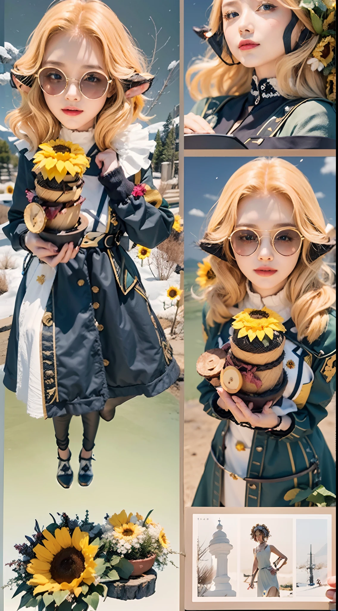 In a very grand scene，The extra-large wide-angle lens captures the appearance of a female centaur。She is a Sunflower Worship nun，Always opposed（Healing emoji smiley face of knitted sunflower puppet😊：99.99）DOA。She is tall，It has the ultimate curvy beauty，The muscles are slender and firm，Beautiful lines。She has（Super huge sky blue eyes：99.99）、always（Wearing sexy glasses：6.66）、（She wears solemn nun attire：9.9）、Stepping on a boot-style skyscraper-heel、A pink cross hangs on his chest。Use Midjourney's advanced tools，Designed for female centaurs（A knitted sunflower puppet and create a super healing cartoon smiley face in the center of the flower tray as a decoration：9.9），and noble and solemn nun costumes，and highlight her unique physiological characteristics and appearance details，Add realism。And in the context of her prayers and listening to confessions，Spectacular views of nature，Such as the sky where storms and sunny days alternate、Brilliant rivers of stars and auroras、The snow-capped summit of Mount Everest、Fireworks in the mountain town, etc。ao mesmo tempo，Away from the hustle and bustle next to the chapel，Create a fantastic scene。Use Midjourney's advanced tools and multiple color palettes、Brush Strokes、Texture tools and model packages，It shows a sense of atmosphere where beauty and charm coexist。The charm of the female centaur is highlighted through color and lines，Enhance realism with detailing，Create a surreal dreamy feeling。Additionally，Use Midjourney's tools to add various exorcism props and books to the female centaur、pergaminhos，Create intricate hairstyles and outfits，Give her a sense of premium。She never flinches，No matter what monster you encounter，can respond quickly，Even the most extreme armies of natural disasters and monsters could not stop her and her front（Sunflower with Tyndall effect that emits sunlight9.99）。Use Midjourney's powerful tools，You can do it with incredible detail and beauty，Bring this ultra-grand and beautiful scene to life。Ultra-grand sc