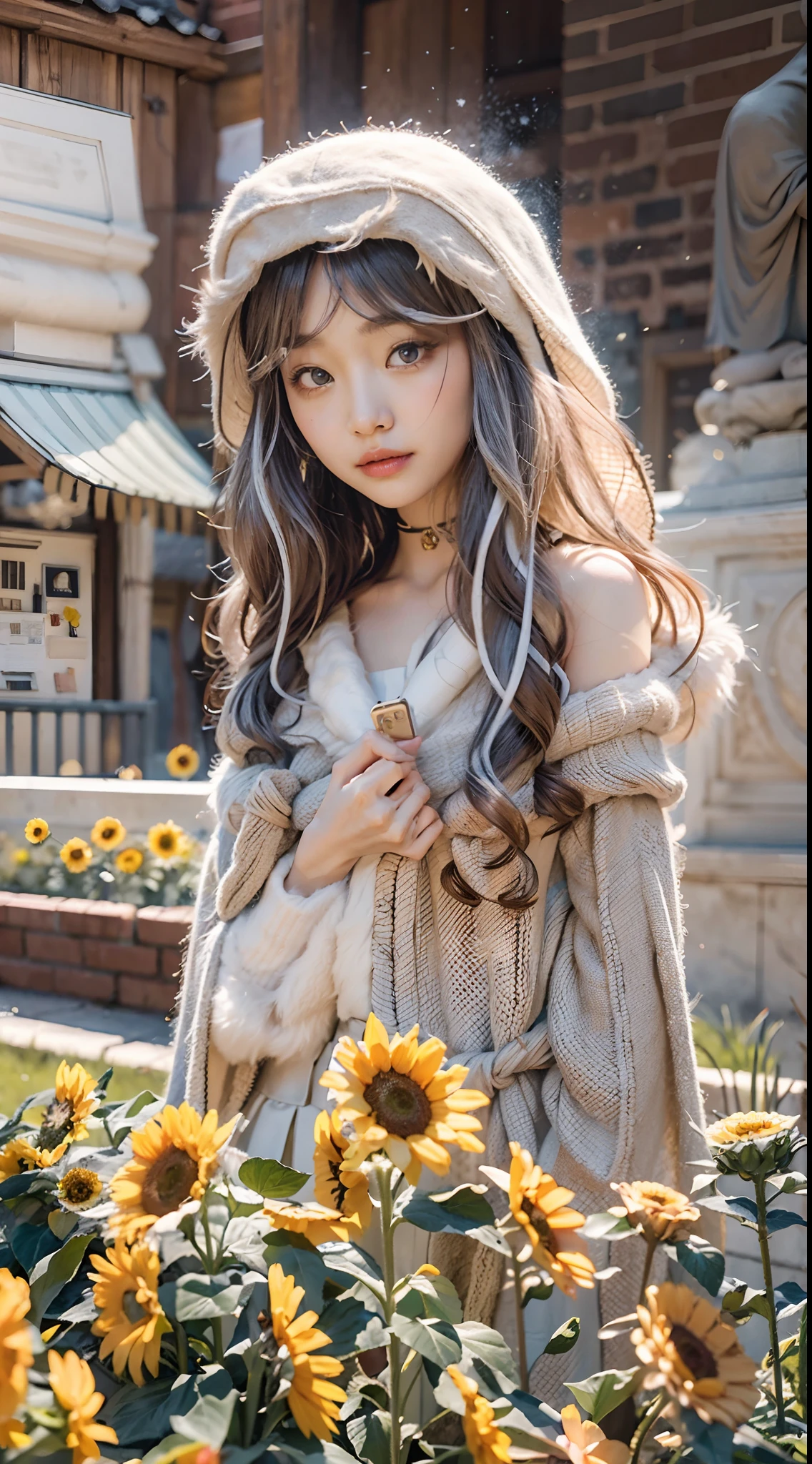 In a very grand scene，The extra-large wide-angle lens captures the appearance of a female centaur。She is a Sunflower Worship nun，Always opposed（Healing emoji smiley face of knitted sunflower puppet😊：99.99）DOA。She is tall，It has the ultimate curvy beauty，The muscles are slender and firm，Beautiful lines。She has（Super huge sky blue eyes：99.99）、always（Wearing sexy glasses：6.66）、（She wears solemn nun attire：9.9）、Stepping on a boot-style skyscraper-heel、A pink cross hangs on his chest。Use Midjourney's advanced tools，Designed for female centaurs（A knitted sunflower puppet and create a super healing cartoon smiley face in the center of the flower tray as a decoration：9.9），and noble and solemn nun costumes，and highlight her unique physiological characteristics and appearance details，Add realism。And in the context of her prayers and listening to confessions，Spectacular views of nature，Such as the sky where storms and sunny days alternate、Brilliant rivers of stars and auroras、The snow-capped summit of Mount Everest、Fireworks in the mountain town, etc。ao mesmo tempo，Away from the hustle and bustle next to the chapel，Create a fantastic scene。Use Midjourney's advanced tools and multiple color palettes、Brush Strokes、Texture tools and model packages，It shows a sense of atmosphere where beauty and charm coexist。The charm of the female centaur is highlighted through color and lines，Enhance realism with detailing，Create a surreal dreamy feeling。Additionally，Use Midjourney's tools to add various exorcism props and books to the female centaur、pergaminhos，Create intricate hairstyles and outfits，Give her a sense of premium。She never flinches，No matter what monster you encounter，can respond quickly，Even the most extreme armies of natural disasters and monsters could not stop her and her front（Sunflower with Tyndall effect that emits sunlight9.99）。Use Midjourney's powerful tools，You can do it with incredible detail and beauty，Bring this ultra-grand and beautiful scene to life。Ultra-grand sc