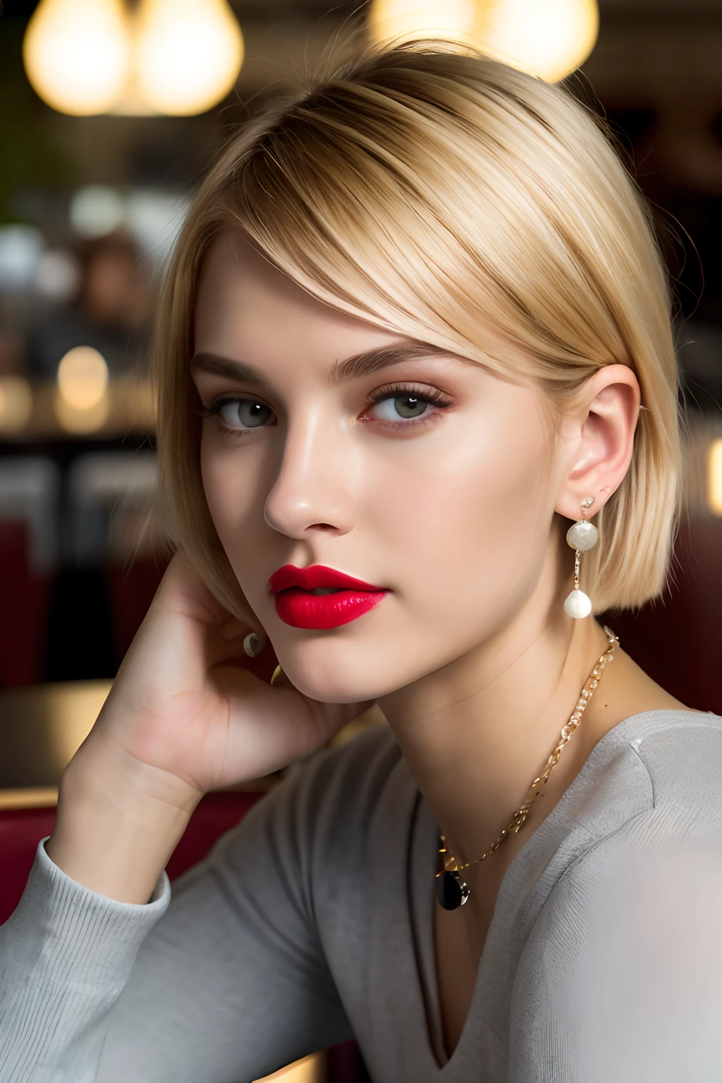 Ultra Photorealistic, Cinematic Lighting, ultra detailed skin, skin pores, finely detailed features:1):0.9, Very attractive, two Blonde women, Blunt Cut Hair Style, School Uniform, Athletic Body, Slim Waist, Wide Hips, Red Lipstick, Earrings, Necklace, Bracelets, Nose Piercing, Seductive Expressions, Sitting in a Cafe