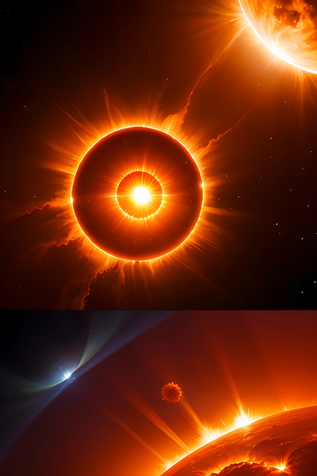 Solar flare explosion, Close to the surface of the huge sun, Particularly clear, Solar corona , Beautiful, spectacular. Spectacular panorama rendered in 3D, realisitic、Photoreal、Solar plasma、Images close to the surface of the Sun、2/2 of the surface of the sun1