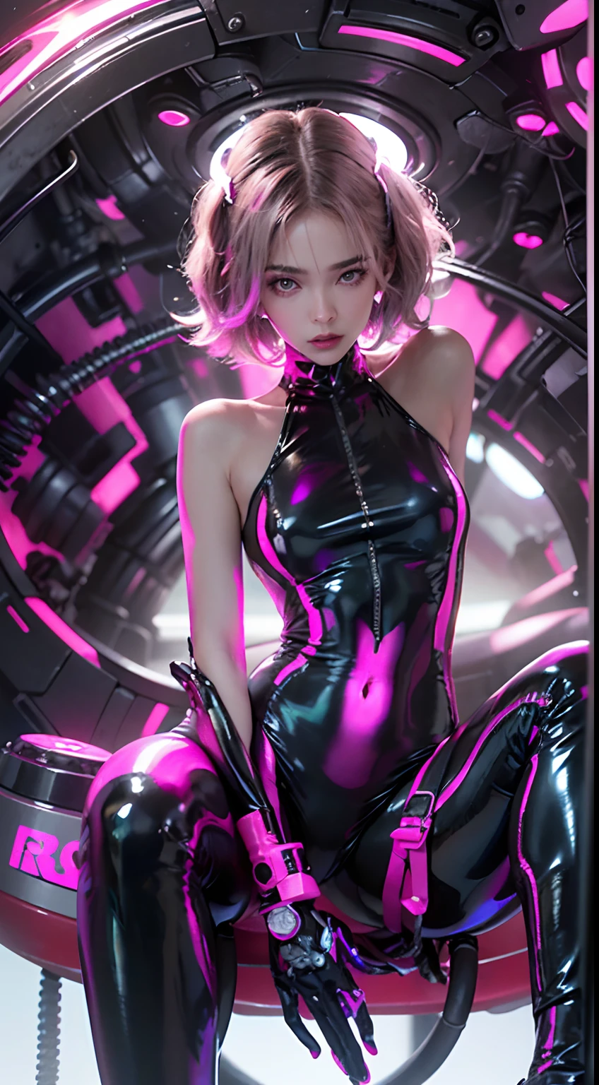 Full body like,(((Perfect girl portrait shoot))), ((Extremely long curly fluorescent cyberpunk hair)), Best image quality, Masterpiece, Super high resolution, (Fidelity:1.4), Photo, (((1 girl))) Dim, Darkness, Movie, (Translucent futuristic black clothing and costumes:1.5), (Translucent clothes:1.4), ((Cyberpunk)), cyber outfit, ((robot)), Apocalypse, Futuristic, (((Oversized hanging breasts))), ((Perfect and distinct facial features)), ((Portrait)), (((dynamic shot))), ((Perfect body)), ((Award-winning ultra-realistic photos)), (((Extremely tight reflective translucent latex))), Pastel textured colored background, Colourful, vibrant, ((Gorgeous perfect color reflective eyes)), (Spherical flying robot)), ((Soap and bubbles))Top quality, Masterpiece, 超高分辨率, (Photorealistic: 1.4), RAW photo, 1 Cyberpunk Girl, Glossy glossy skin, 1 mechanical girl, (hyper realistic detailed)), (((Full body shot))), Global illumination, Contrast, Shadows, Octane rendering, 8K, ultrasharp, raw skin, metal, Intricate Ornament Details, Japan Details, very complex details, Realistic light, CGSoation trend, Facing the camera, neon light detail, Mechanical limbs, Blood vessels connected to the tube, Mechanical vertebrae attached to the back, mechanical cervical attachment to the neck, wires and cables connecting to head, gundam, Small LED lamps.(RAW photo:1.2),camel-toe,Pink latex jumpsuit,Hollow-out on,Holt collar, latex shiny,tight-fitting,sweat leggs,White liquid, Pink body, wearing atsuko kudo latex outfit, wearing tight suit, Smooth pink skin, catsuits, Wearing latex, shiny plastic, shiny metallic glossy skin, The color of pink glow, latex outfit, chrome bodysuit, cyberpunk glossy latex suit, Shiny, futuristic glossy latex suit,spread their legs,M-shaped legs,angry look,sullenness,Irritated,white liquid all over body,Full body like,