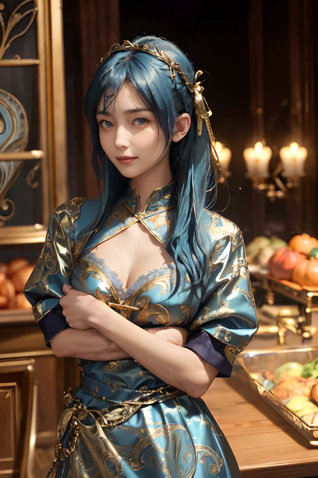((top-quality、8K、​masterpiece:1.3)), (Medium hair, Beautiful hairstyle, lightbluehair:1.5)、(gold foil, Intricately drawn paisley pattern, Delicate workmanship, Black and orange dough:1.4, maid dress:1.5), Clear, Fine-grained skin、Beautiful clear eyes、cleavage of the breast、Carefree and natural smile、(Hair disheveled in the wind:1.3)、Beautiful girl with a smile、(thin-waist:1.3)、(Dynamic and provocative poses:1.2)、(Backshots)