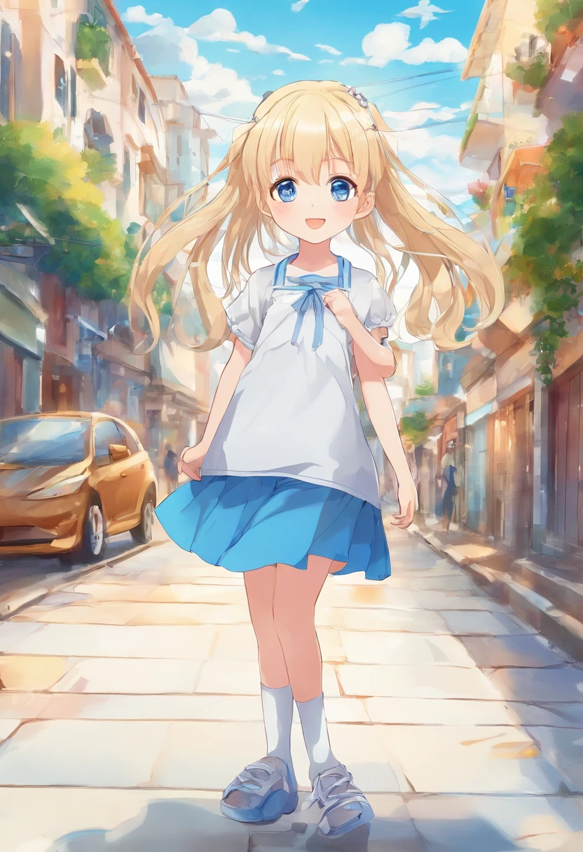 Cute  girl standing on the street in Mediterranean port city,Wind,pale blond hair, Blue eyes,very long twintails,White Dress,White hat,Blue sky,Laugh,double tooth,Closed eyes,Looking at Viewer,Lens Flare,Dramatic, Coastal