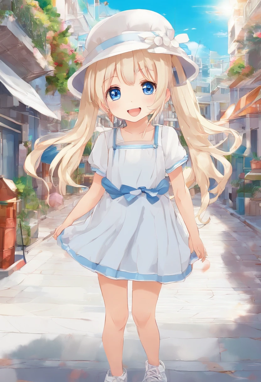 Cute  girl standing on the street in Mediterranean port city,Wind,pale blond hair, Blue eyes,very long twintails,White Dress,White hat,Blue sky,Laugh,double tooth,Closed eyes,Looking at Viewer,Lens Flare,Dramatic, Coastal