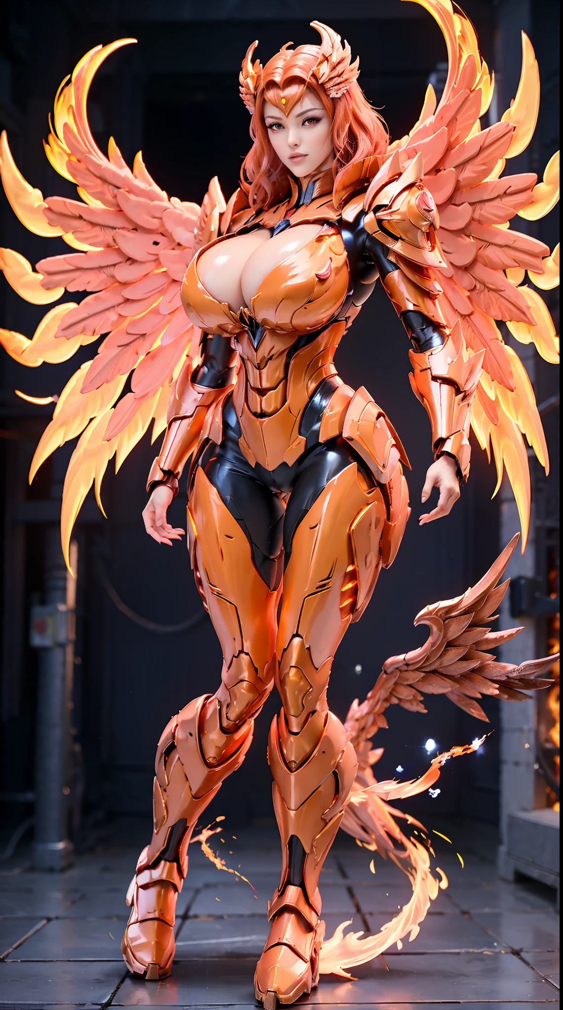 FIRE PHOENIX QUEEN, (PHOENIX HEAD), HUGE BOOBS, FIRE MECHA ARMOR FULL SUIT, (CLEAVAGE), ((A PAIR LARGEST FIRE PHOENIX WINGS)), TRANSPARANT ARMOR, TALL LEGS, (STANDING), SEXY BODY, MUSCLE ABS.