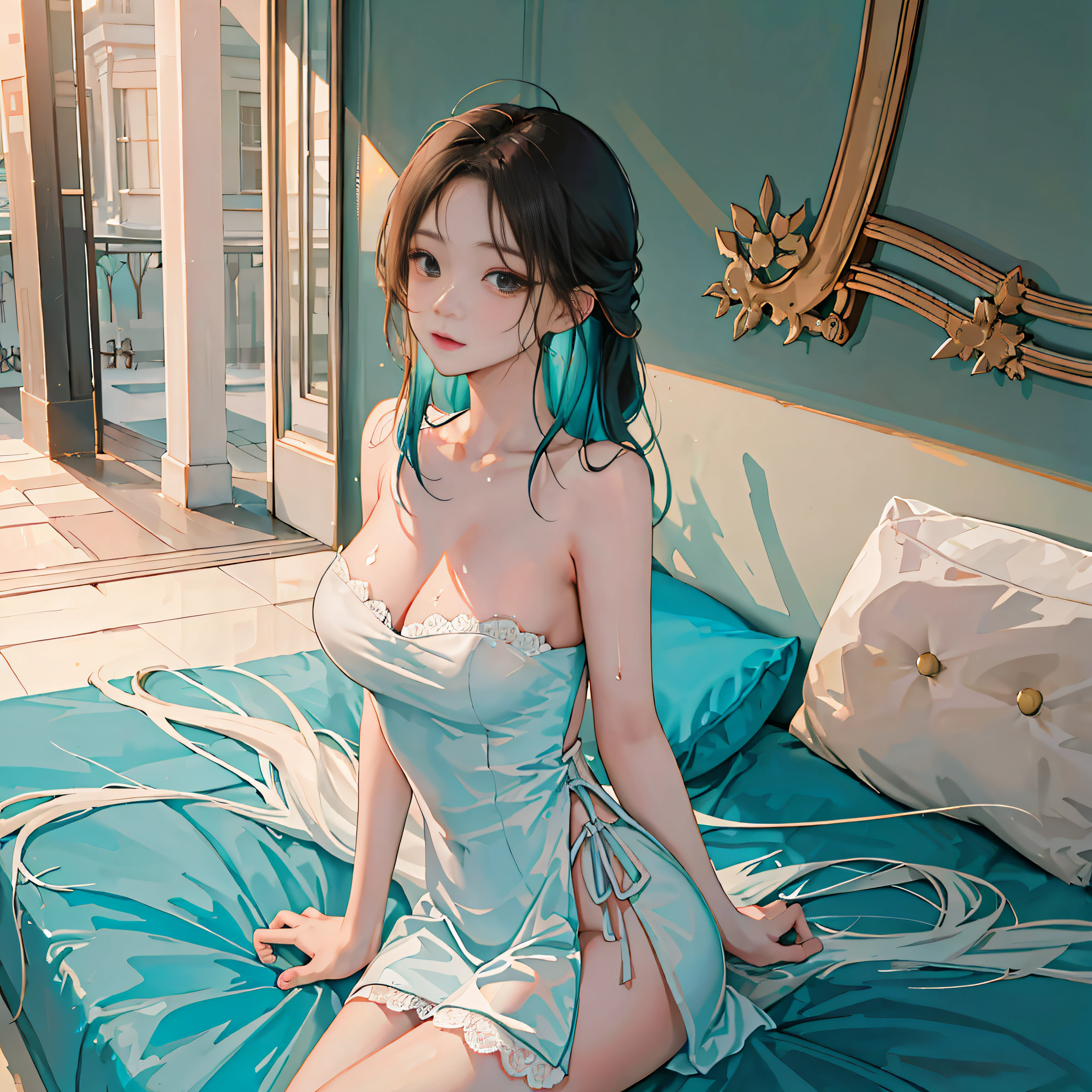(best qualtiy), (tmasterpiece), (A high resolution), Original, Extremely detailed 8k wallpaper, (An extremely delicate), best qualtiy, tmasterpiece, 超A high resolution, (realisticlying:1.4), RAW photogr, Street photography, Photo of young girl in Taiwan, sweat leggs, Sweaty body, (Transparent fabric:1.35)(baggy:1.5)Lace strapless dress, (((immensity)Sagging breasts)), (Naked of breast), ((erected ))), ((areola of breast)), (Korea(K-pop idols)), ((puffy eye)), deep shading, low tune, cold light, Deep contrast, Bokeh, depth of fields, Angle below, low angles, (looking at viewert, Smiling softly), Photos inside the bedroom, neoism, background crowds, the person in the background, ((The upper part of the body)), ((Straight Photos)), exposure blend, Medium beat, Bokeh, (hdr:1.4), hight contrast, (cinematic ligh、Teal and orange:0.85), (pastelcolor, soothing tones:1.3), low-saturation, (ultra - detailed:1.2), (NSFW:1.1),