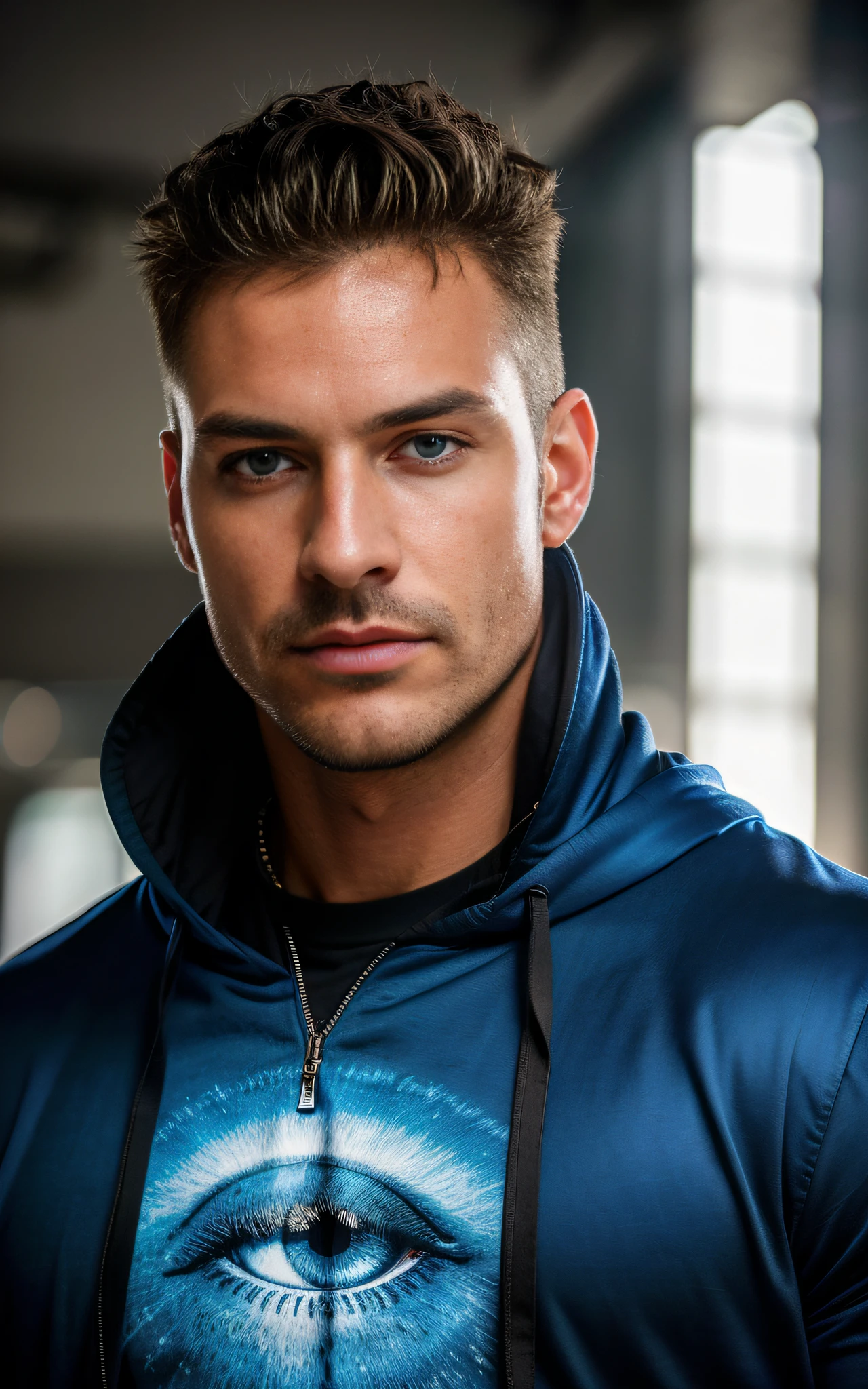 (high quality,4k,8k,highres,masterpiece:1.2),ultra-detailed,(realistic,photorealistic,photo-realistic:1.37),man,front view,hooded,long-sleeved blue shirt with black details,bright blue eyes,eye-catching,"DJ"