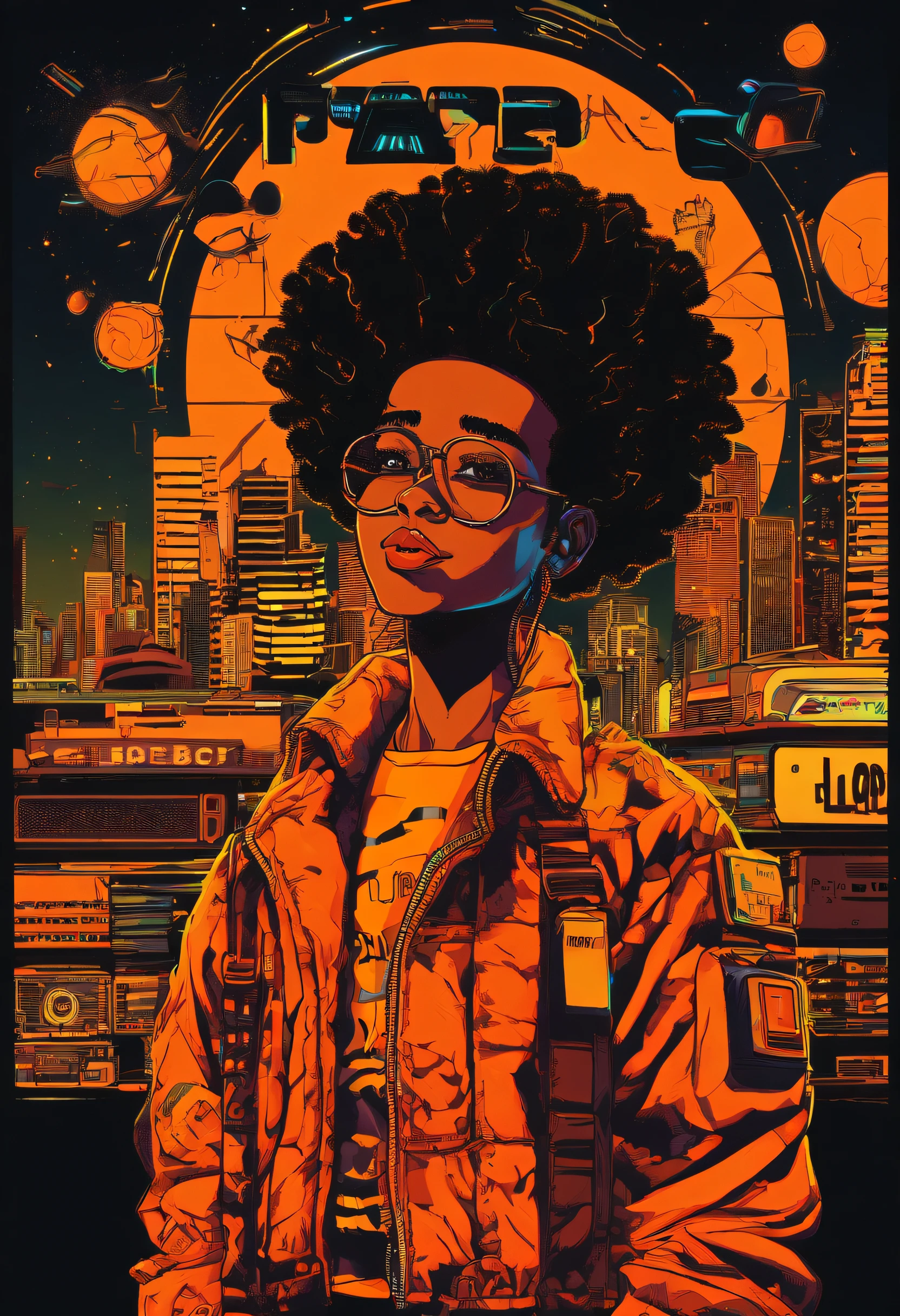 Imagem dos desenhos animados de um homem de pele escura com corte de cabelo desbotado vestindo uma camisa preta e uma jaqueta xadrez amarela, retrato do personagem, olhos laranja claro, afro encaracolado(preto:1.5,), sorridente, inspirado em Huey de The Boondocks, (preto:1.5,castanho escuro:1.3, laranja:1.2), penteado meio rapado