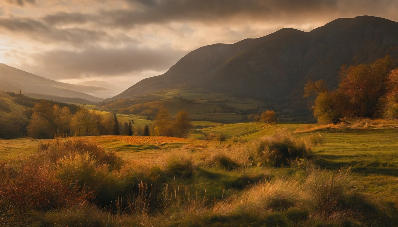 Generate an autumnal landscape of a sunset with the sun in the mountains with a green meadow, Snow-capped mountains in the background, arboles frondosos de distintas alturas y flores de colores rojo y rosa y un rio que atraviesa por el medio y tenga curvas.