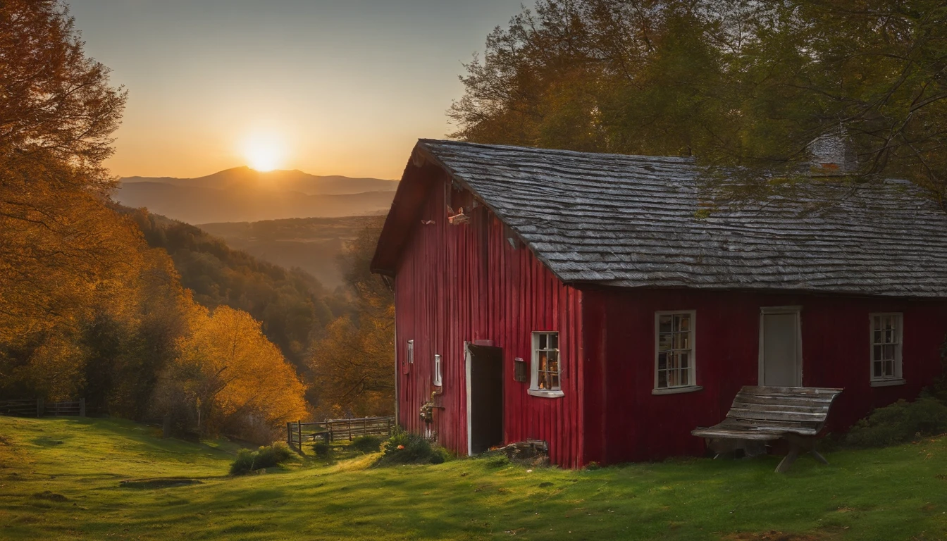 Generate an autumnal landscape of a sunset with the sun in the mountains with a green meadow, Snow-capped mountains in the background, arboles frondosos de distintas alturas y flores de colores rojo y rosa y un rio que atraviesa por el medio y tenga curvas.