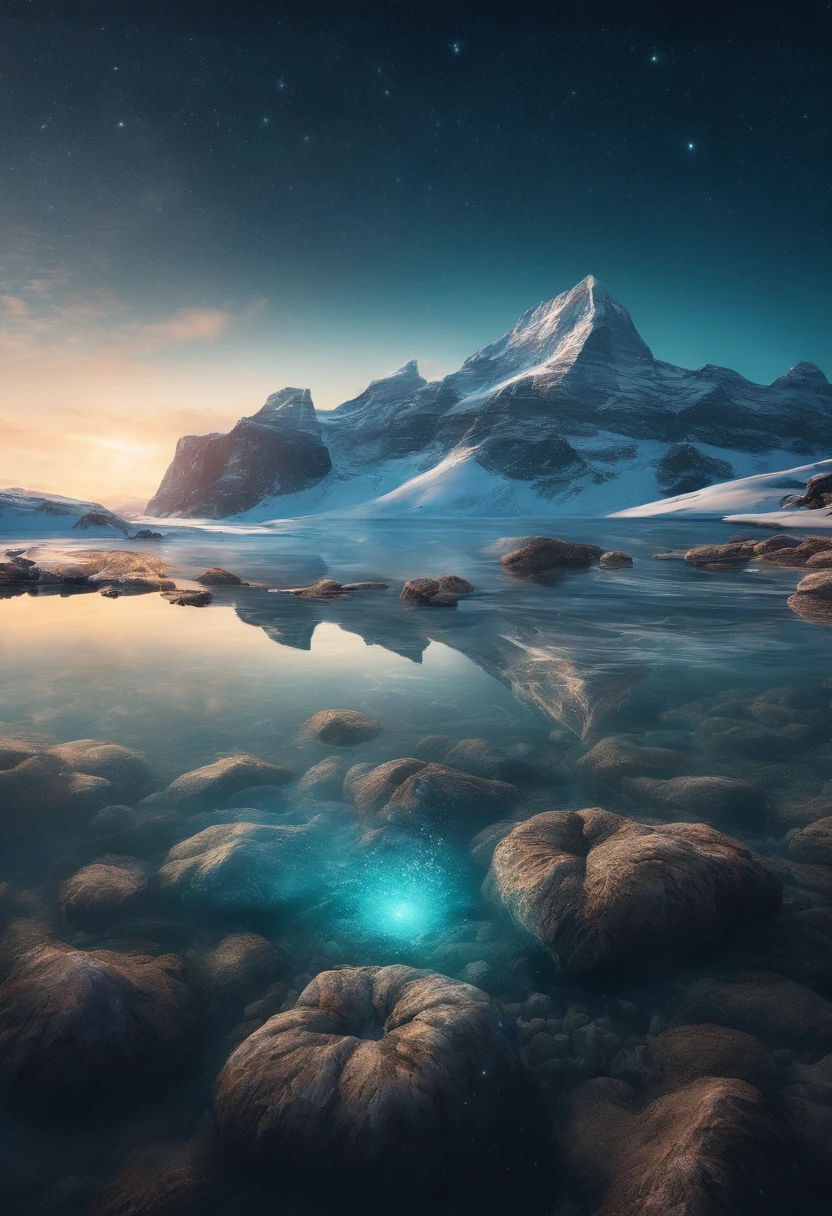 partial underwater shot, zoom layer, Atmospheric perspective, in a panoramic view, Lens flare, Sony FE GM, Ultra-wide angle, Masterpiece, Anatomically correct, Super detail, High quality, High details,Background: Magnificent snow-capped mountains under the stars, aurora, meteor shower, Beautiful