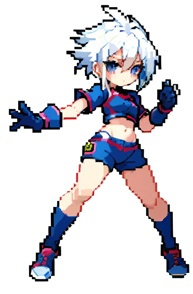 masterpiece, top quality, best quality), pixel,pixel art, 1 girl, goalkeeper girl, yugioh, fullbody, no background, white hair, child, soccer girl, gloves, protagonist,
