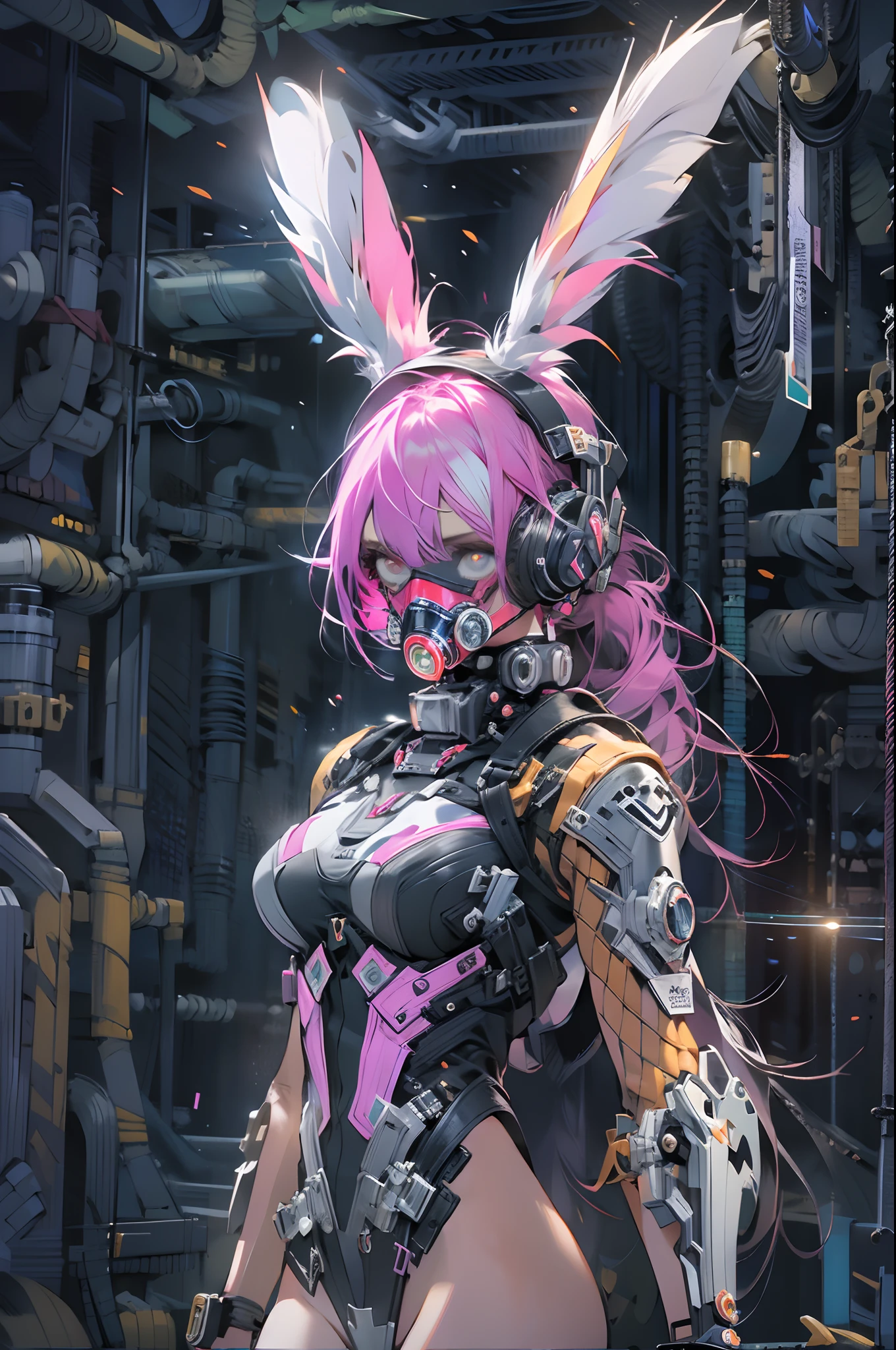 ((best qualityer)),Cyborg girl in cyborg style,whaite hair,Long ponytail hairstyle,Wear headphones in the shape of rabbit ears and a gas mask,The gas mask has a green light on the surface,Dressed in a white suit,There are long pink stripes of light on the clothes,a pink eyes,(black glove)Large of breast, crisp breasts, The left hand is a mechanical prosthesis,The main body is connected by wires and pipes, ((tmasterpiece)), (the detail:1.4), 。.3D, A beautiful cyberpunk female image,hdr(HighDynamicRange),Ray tracing,NVIDIA RTX,Hyper-Resolution,Unreal 5,Subsurface proliferation、PBR Texture、post-proces、Anisotropy Filtering、depth of fields、maximum definition and sharpness、Multi-channel textures、Albedo e mapas Speculares、Surface Coloring、Precise simulation of light-material interactions、perfectly proportions、rendering by octane、Two-colored light、Grand opening、Low ISO、White balance、the rule of thirds、8K raw data、