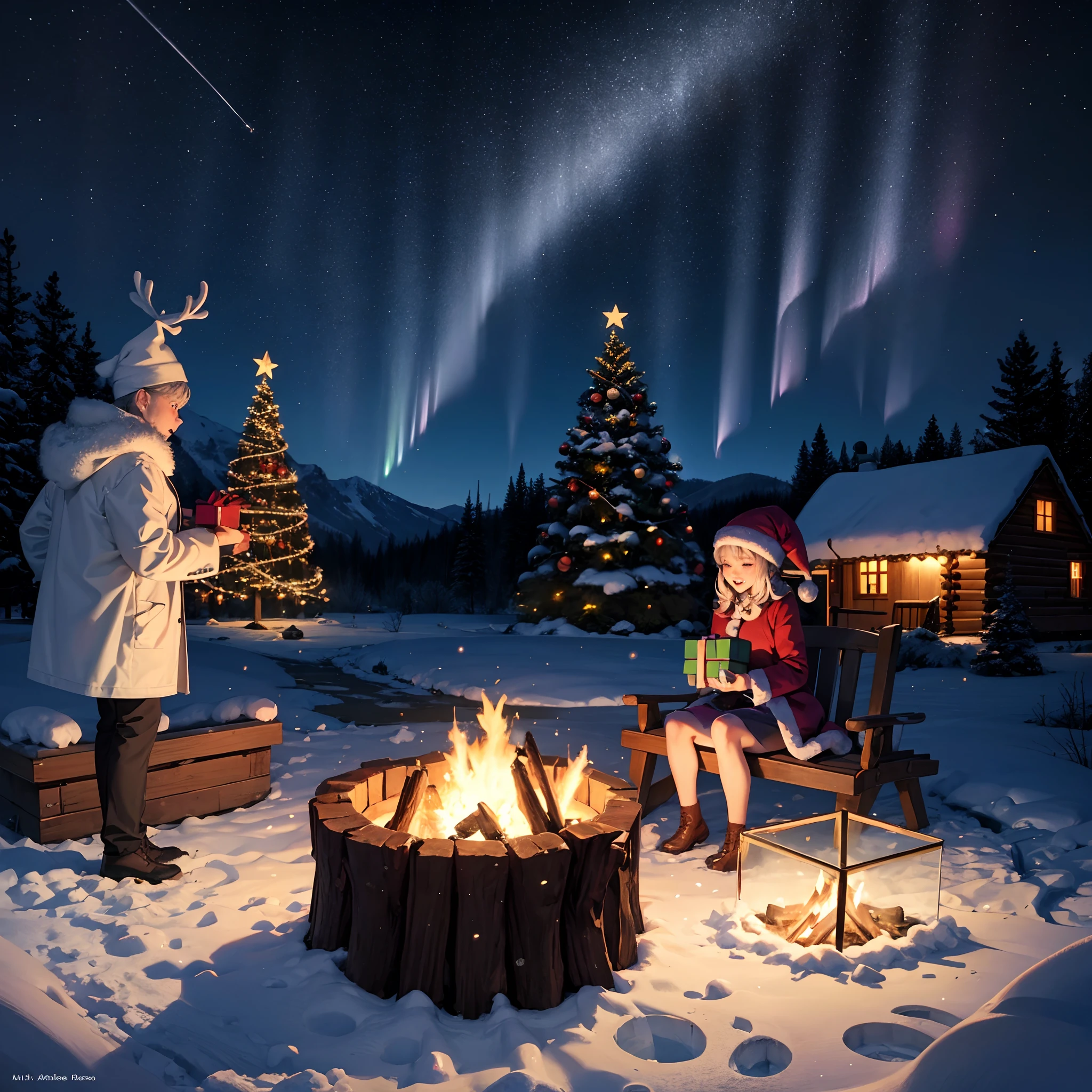 best quality,4k,8k,highres,masterpiece:1.2,ultra-detailed,realistic,photorealistic:1.37,snow-capped mountains,sparkling snowflakes,fine ice sculptures,breathtaking fireworks,dancing auroras,christmas atmosphere,colorful balloons, cozy log cabins, joyful children playing, magical winter wonderland, serene mountain peaks, magnificent ice formations, frosty trees, twinkling lights, snowy trails, Santa Claus delivering gifts, warm bonfires, cheerful carolers, peaceful moonlit night, freezing temperatures, crisp air