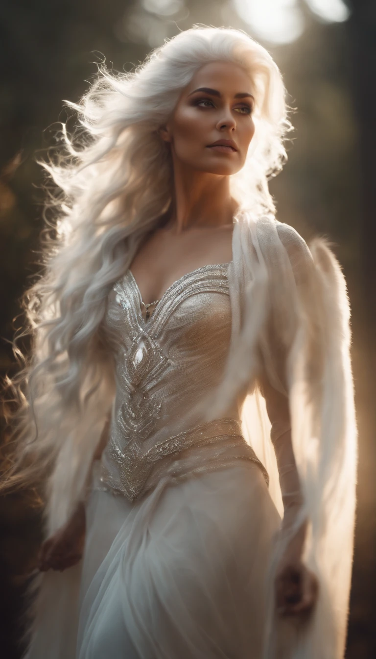 Generate a majestic image of a goddess, surrounded by an aura of power and grace, white hair, emanating wisdom and strength around you