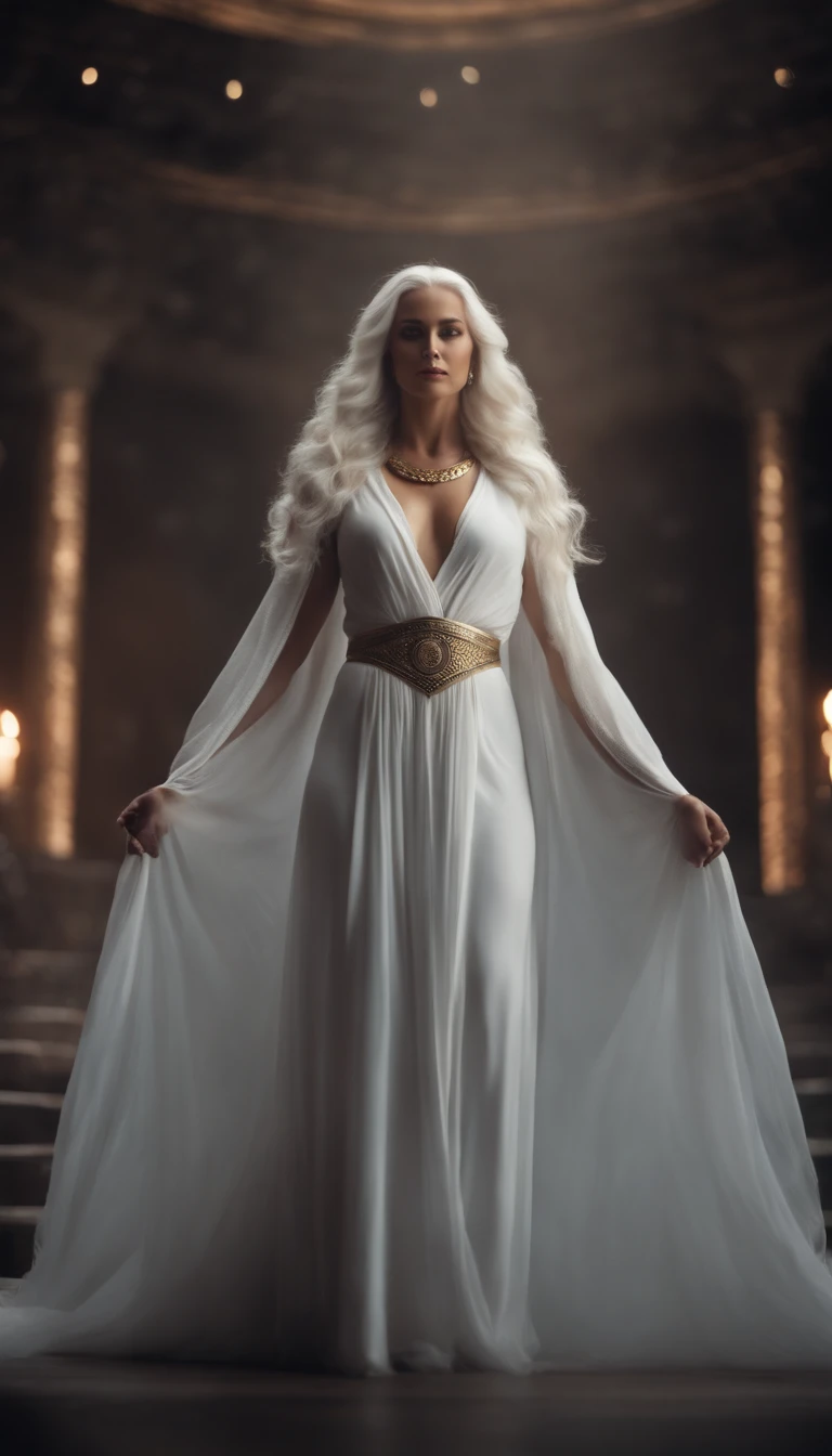 ghostly young woman wearing a white robe with white hair in a ponytail surrounded by dark ruins, shes glowing blue with blue particles around her, photorealistic, cinematic lighting
