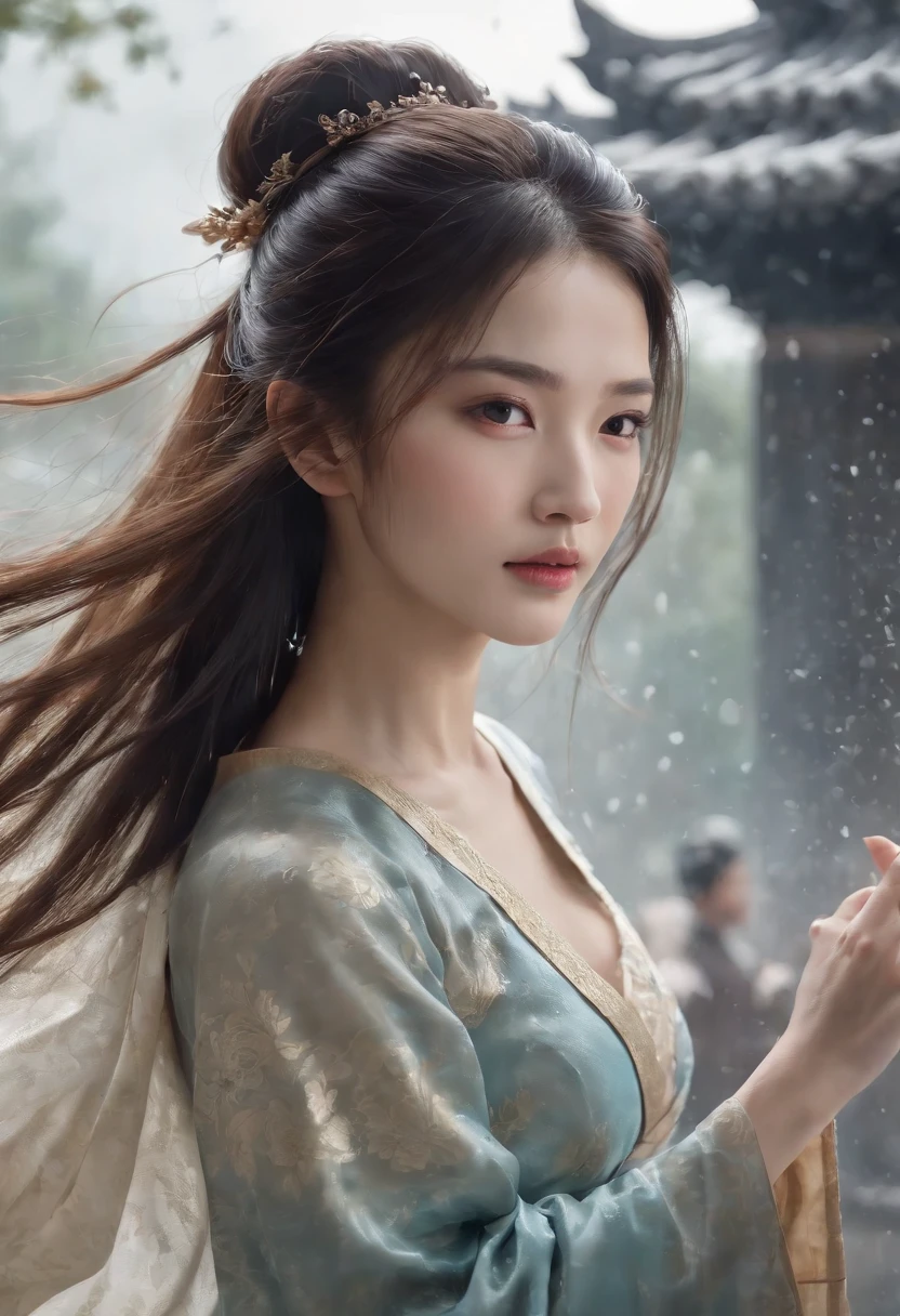 dramatic angle,(fluttered detailed ink splashs), (illustration),(((1 girl))),(long hair),(rain:0.6),(expressionless ,hair ornament:1.4),there is an ancient palace beside the girl,chinese clothes,(focus on), color Ink wash painting,(ink splashing),color splashing,((colorful)),[sketch], Masterpiece,best quality, beautifully painted,highly detailed,(denoising:0.7),[splash ink],yin yang, (the most beautiful art in the world:1.2)
