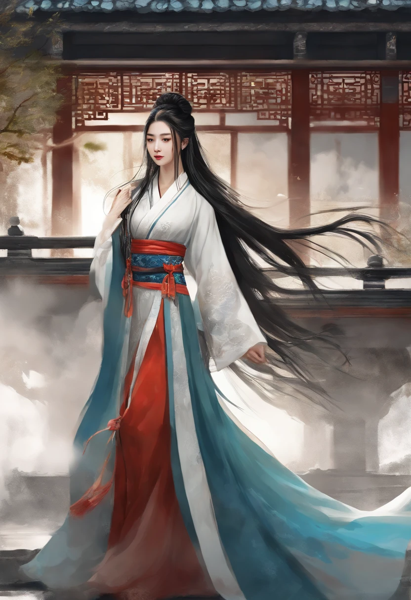 dramatic angle,(fluttered detailed ink splashs), (illustration),(((1 girl))),(long hair),(rain:0.6),(expressionless ,hair ornament:1.4),there is an ancient palace beside the girl,chinese clothes,(focus on), color Ink wash painting,(ink splashing),color splashing,((colorful)),[sketch], Masterpiece,best quality, beautifully painted,highly detailed,(denoising:0.7),[splash ink],yin yang, (the most beautiful art in the world:1.2)