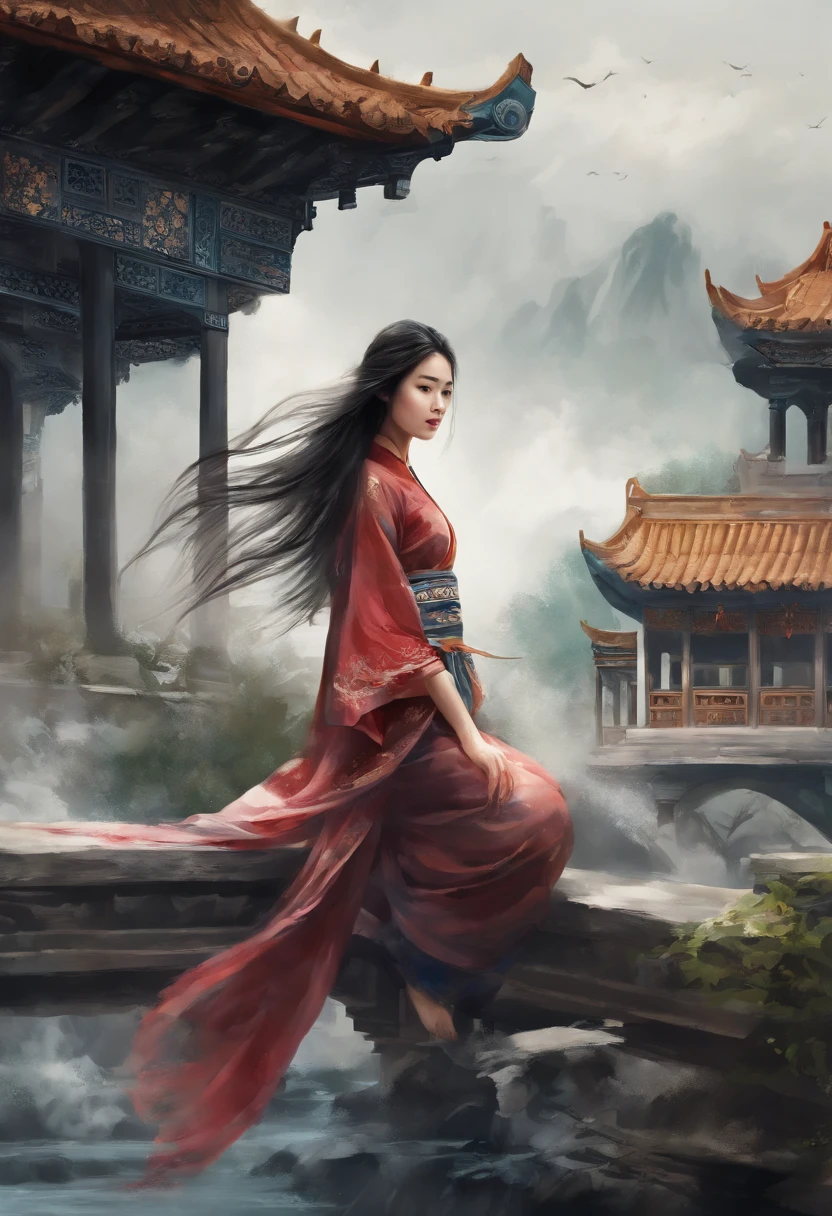 dramatic angle,(fluttered detailed ink splashs), (illustration),(((1 girl))),(long hair),(rain:0.6),(expressionless ,hair ornament:1.4),there is an ancient palace beside the girl,chinese clothes,(focus on), color Ink wash painting,(ink splashing),color splashing,((colorful)),[sketch], Masterpiece,best quality, beautifully painted,highly detailed,(denoising:0.7),[splash ink],yin yang, (the most beautiful art in the world:1.2)