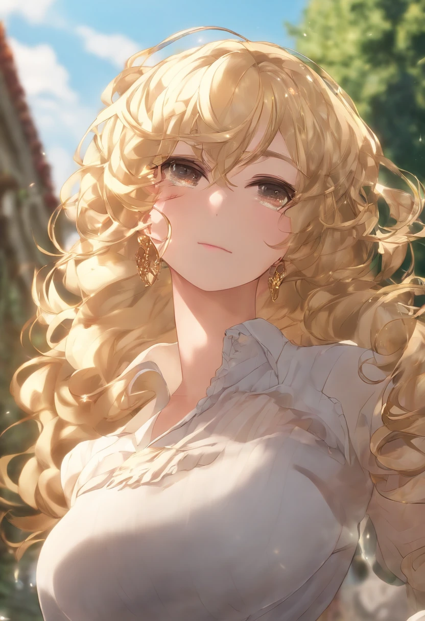 最高品質, 1girls, (Hollow Skins), (huge breast), (Giorno), shining, Background blur, outdoor, (road:0.6), (hair:1.5), (shirt:1.5), ornate, (Hair float:1.5), Soft light, breeze, Garden, road