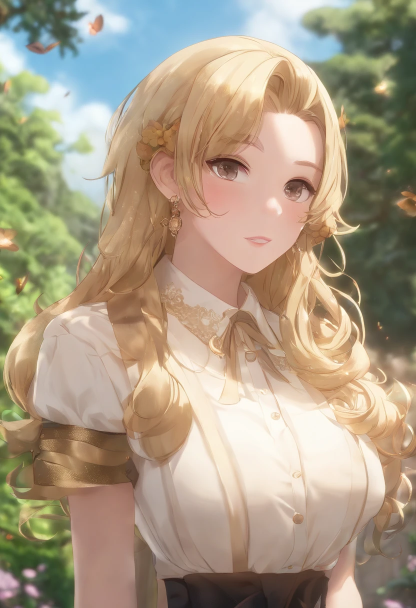 最高品質, 1girls, (Hollow Skins), (huge breast), (Giorno), shining, Background blur, outdoor, (road:0.6), (hair:1.5), (shirt:1.5), ornate, (Hair float:1.5), Soft light, breeze, Garden, road