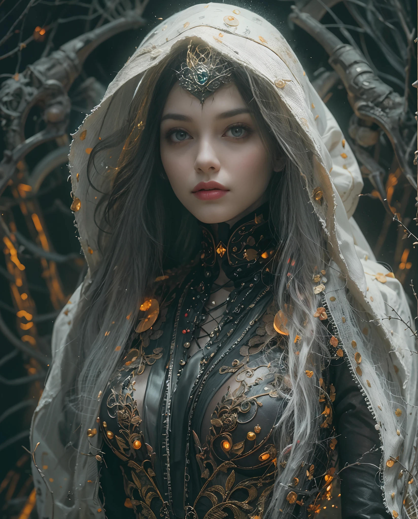 Best quality, masterpiece, meticulous details, intricate detail, realistic, a hot futuristic lady amidst spooky halloween vibes