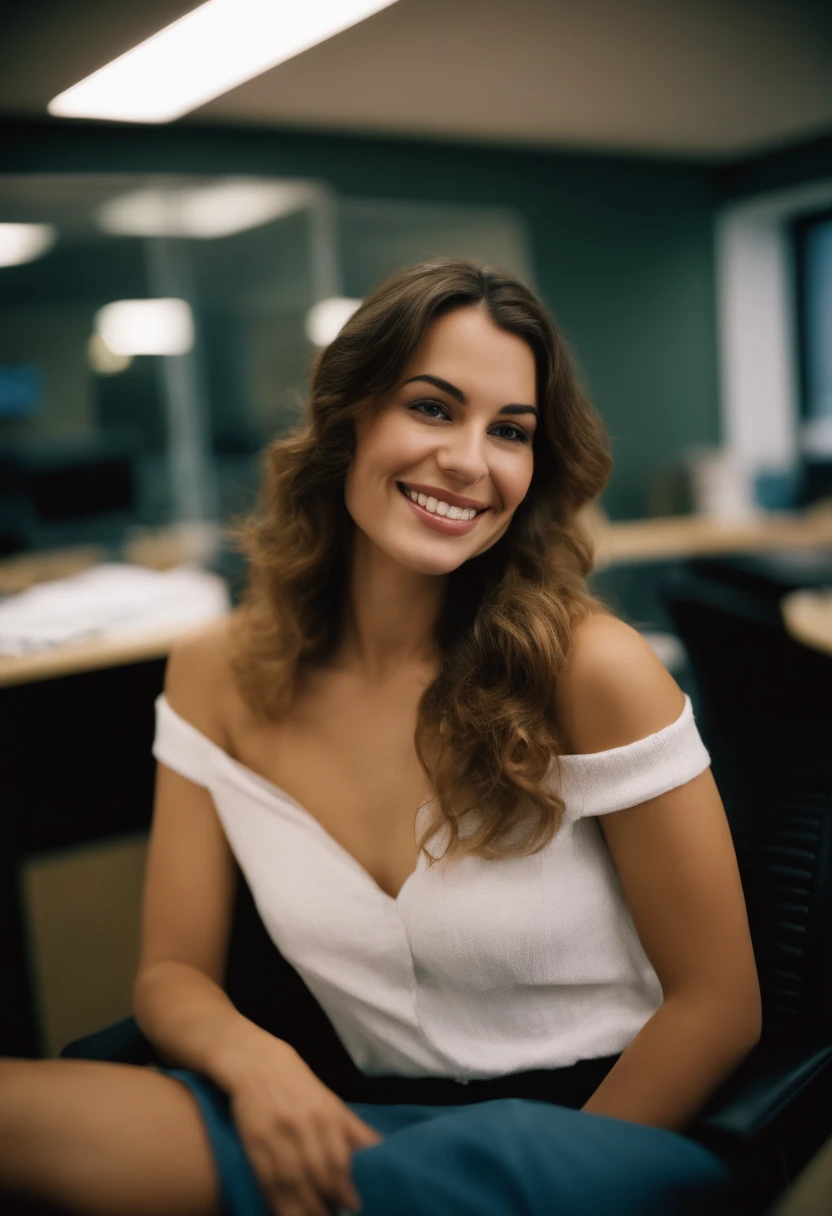 nude Kodak disposable camera photo of a beautiful female, smiling suggestively, sitting in an office