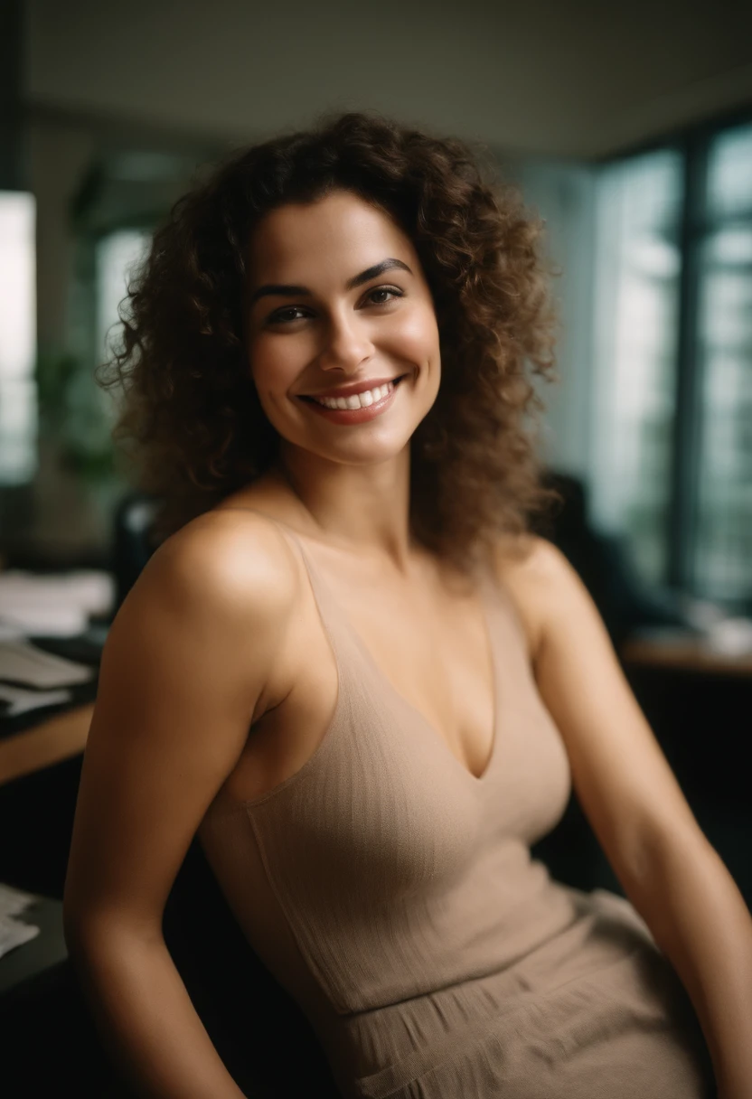 nude Kodak disposable camera photo of a beautiful female, smiling suggestively, sitting in an office