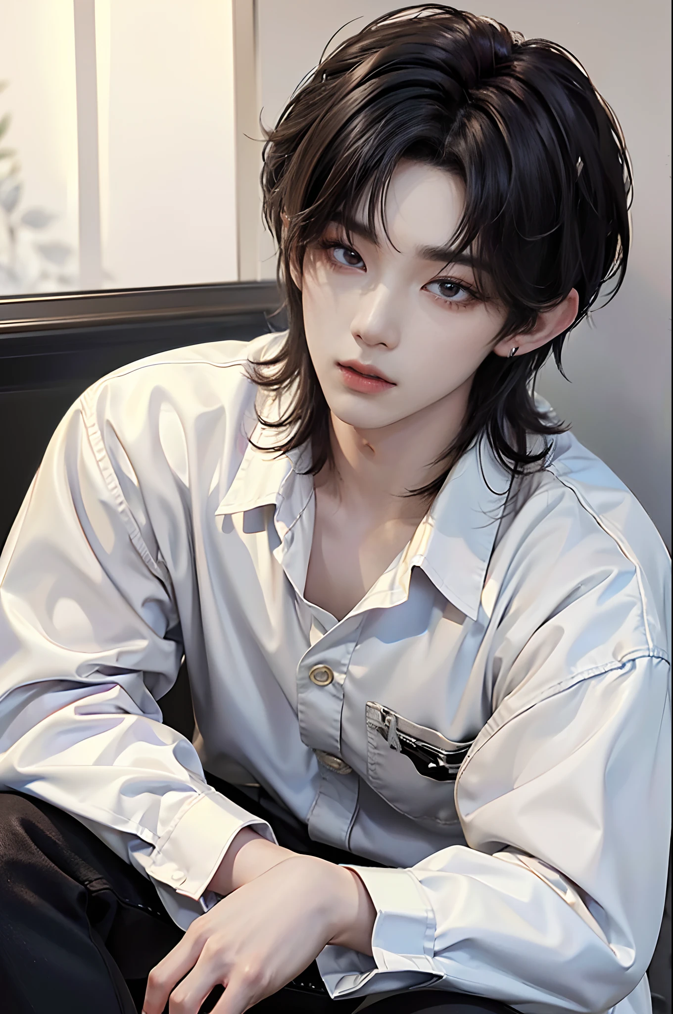 masterpiece、(top-quality)、((high-level image quality))、One Manly Boy、Slim body、((White Y-shirt and long black pants))、(Detailed beautiful eyes)、September Night Road、Sit on the curb with your back to the wall、Face similar to Chaewon in Ruseraphim、((short hair above the ears))、((Smaller face))、((Neutral face))、((Light brown eyes))、((Korean boy))、((18year old))、((Handsome man))、((Wild look))、((Korean Makeup))、((elongated and sharp eyes))、((Sit next to the viewer))、((shot from a side angle))、((The upper part of the body))、((Close-range shooting))