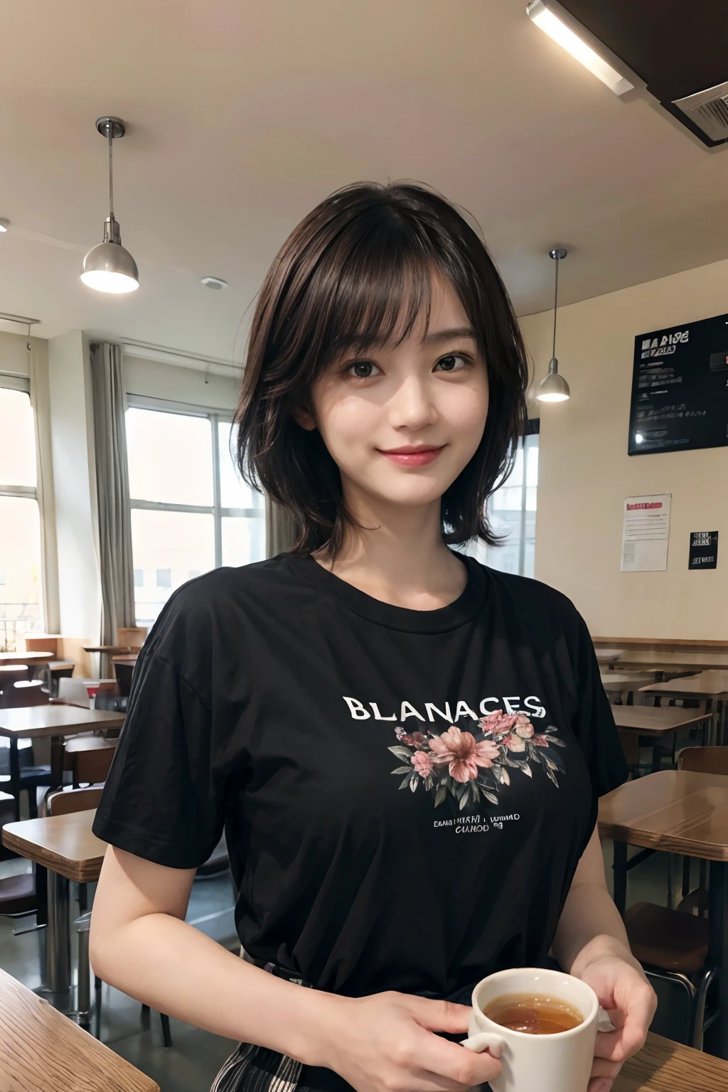 (((Black Shorthair))), (Wearing a T-shirt2a person), (T-shirt design), (Floral clothing), (Breast bulge),((Being in a cafeteria in Paris)), (A hyper-realistic), (Relaxed), (Increased resolution), (8KUHD), (Extremely detailed), (Best Illustration), (Beautiful and detailed eyes), (Best Quality), (ultra-detailliert), (masutepiece ), ( Wallpaper), (Detailed face), Fine details, Deep Shadows, lowkey, Smiling, Large cafeteria