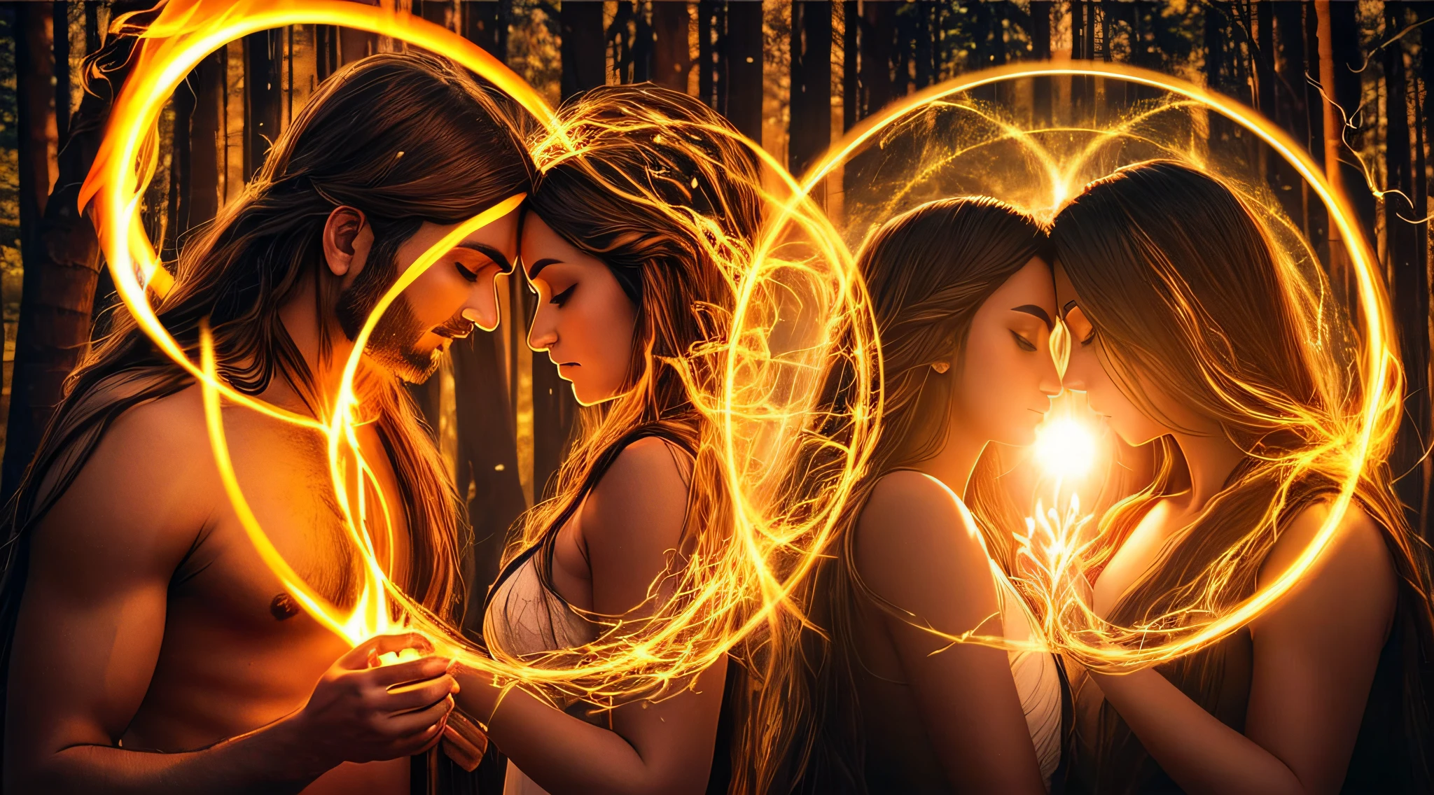 beautiful woman, internal transformation, kundalini, Ancient Love Source energy, flaming love, ancient power, hyper realistic, magic circle, balance, darkness and harmony of light, beautiful face, sun, universe, forest, couple in love, support each other, man with long hair