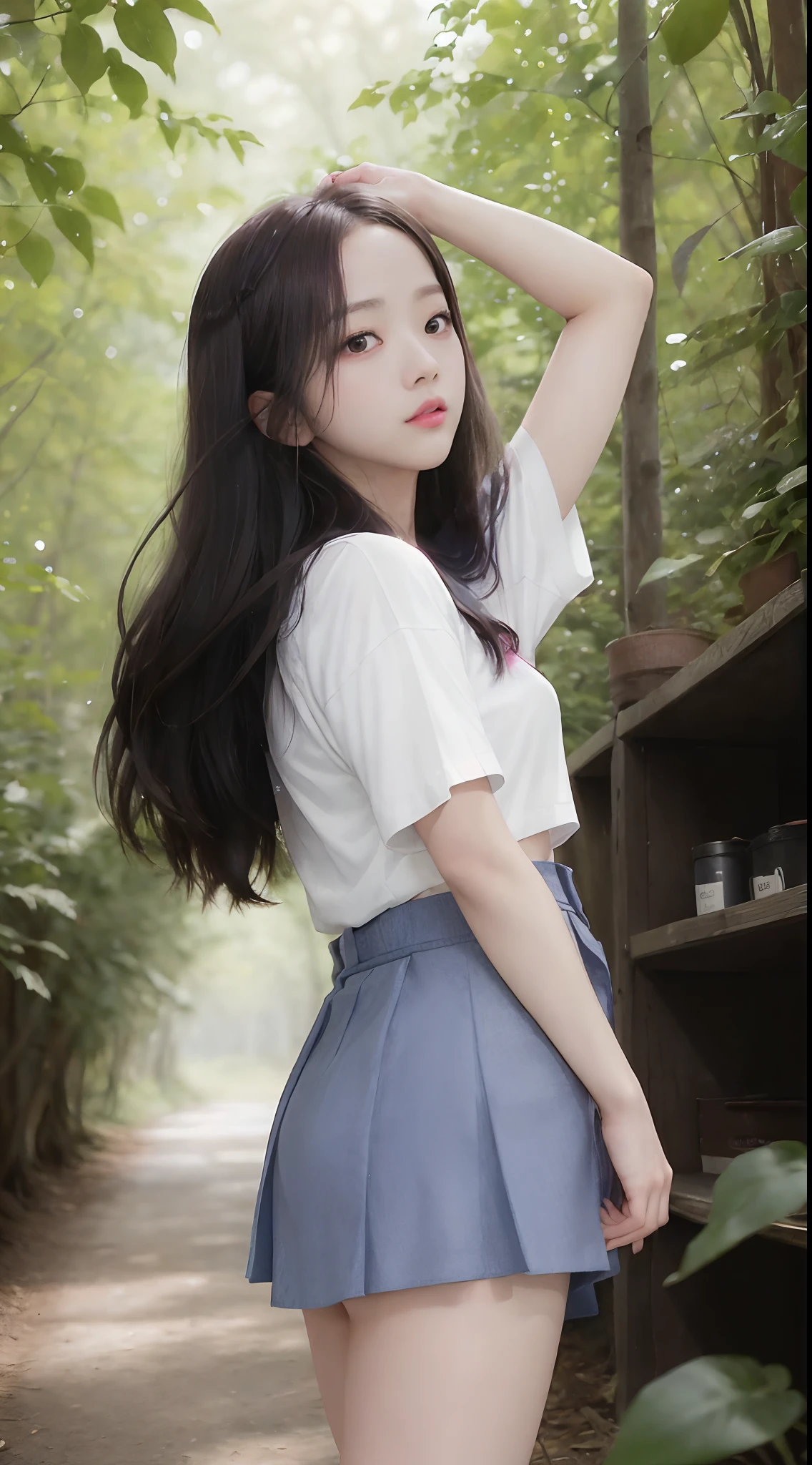 ((Jisoo from Blackpink)), white t-shirt, tiny blue pleated skirt, pink panties, black tights to the waist, black high heels, close-up from thighs to face, shot from below, very fair skin, very long hair, wavy hair, camp, Forest, photorealistic, Indirect lighting, volumetric light, ray tracing, hyper-detailed, best quality, very high resolution, HDR, 8k