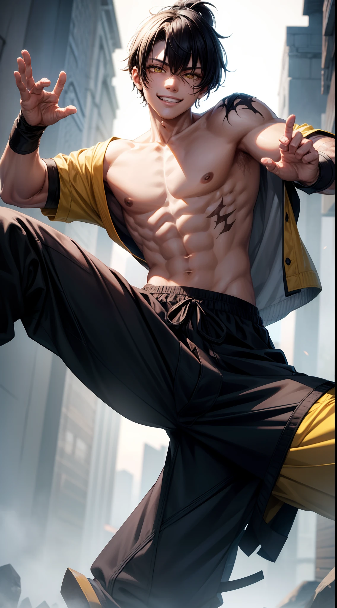 young guy, short black hair, high ponytail, yellow eyes, scars, embarrassing, smile, bandages, martial arts pants, open torso, Masterpiece, hiquality, 4k, HD, Good detail
